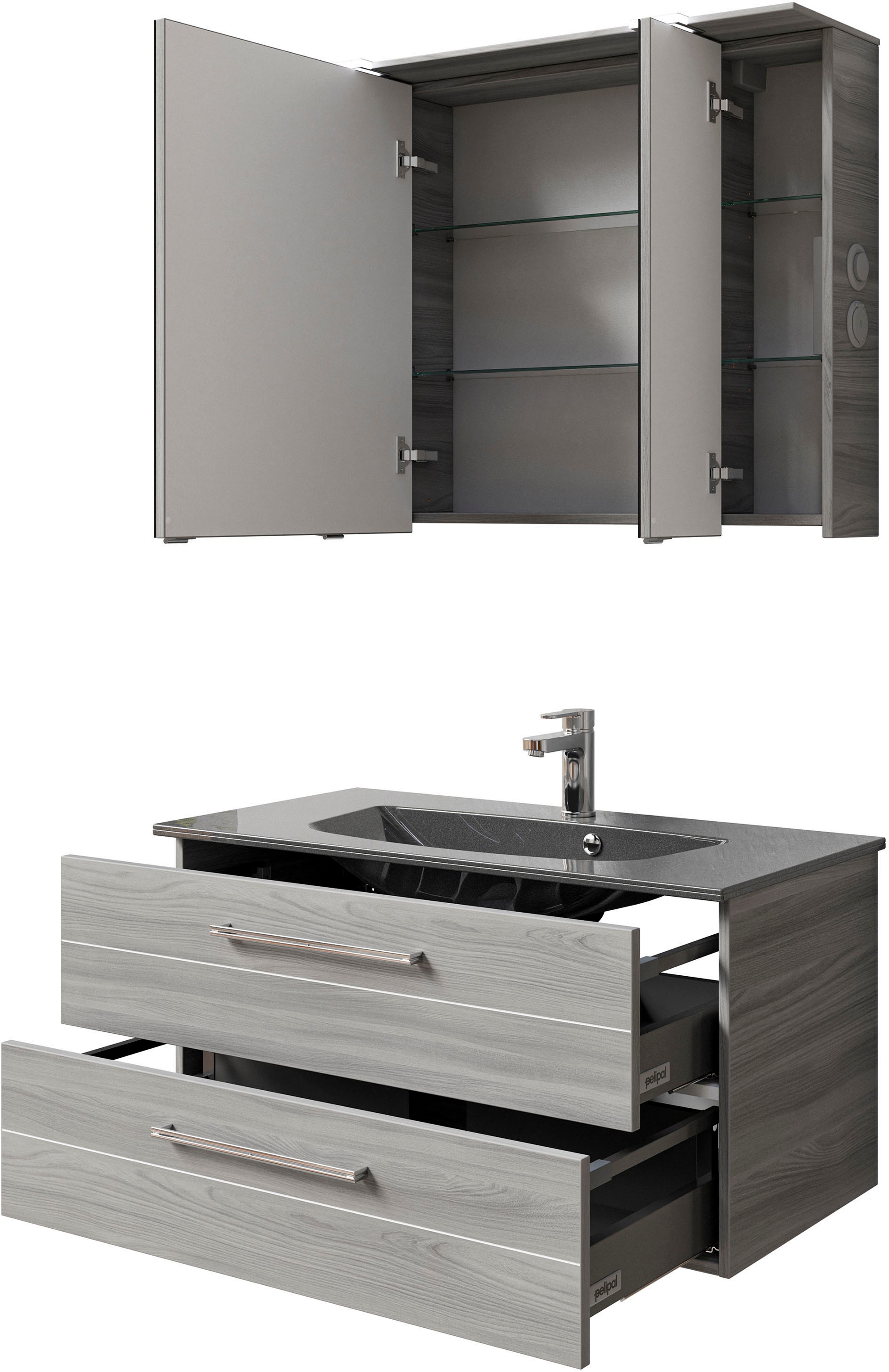 Saphir Badmöbel-Set »Serie 6025 2-teilig Mineralmarmor-Waschtisch mit LED-Spiegelschrank«, (2 St.), Waschplatz 97 cm breit, 2 Schubladen, 3 Spiegel-Türen, inkl Türdämpfer
