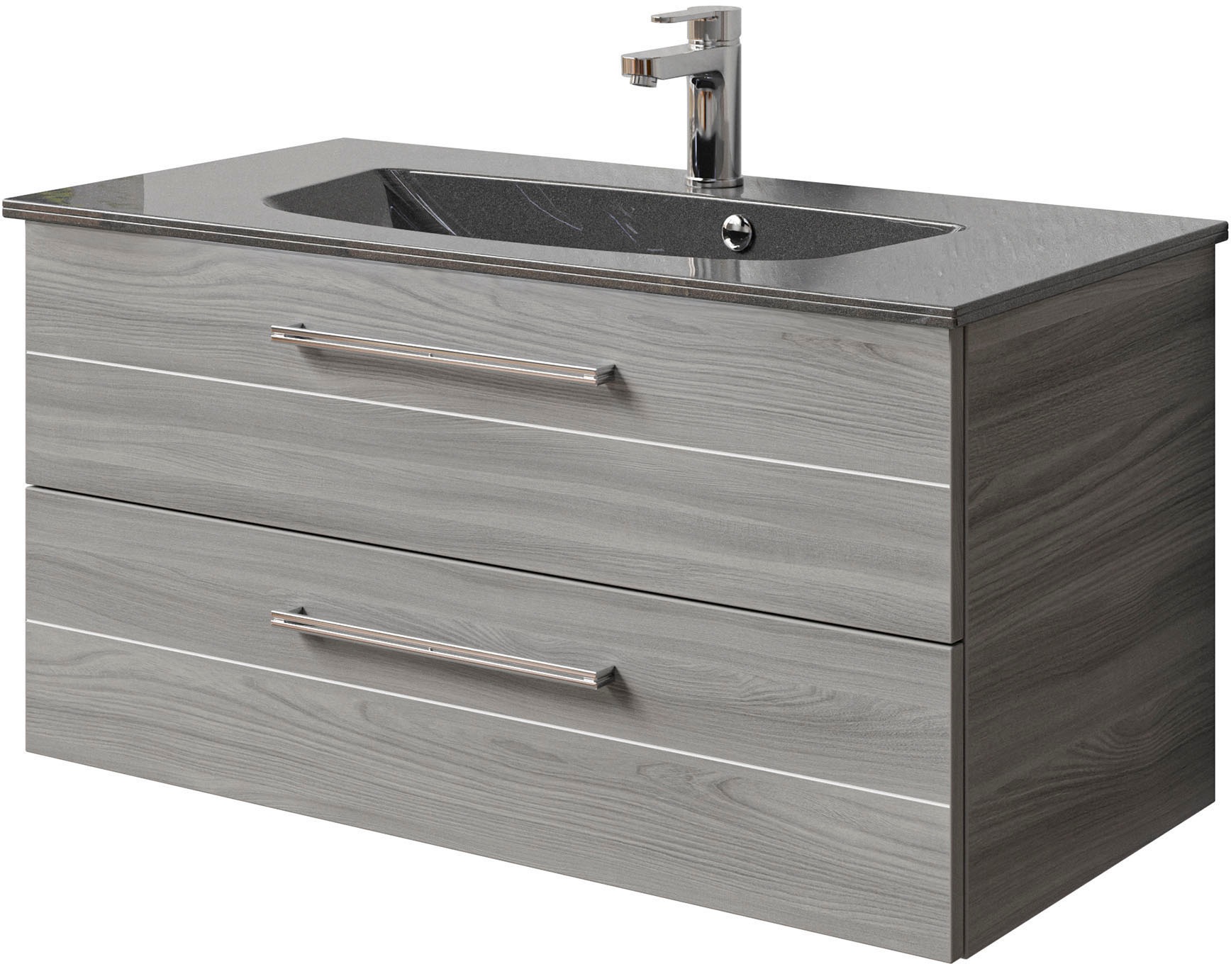Saphir Badmöbel-Set »Serie 6025 2-teilig Mineralmarmor-Waschtisch mit LED-Spiegelschrank«, (2 St.), Waschplatz 97 cm breit, 2 Schubladen, 3 Spiegel-Türen, inkl Türdämpfer