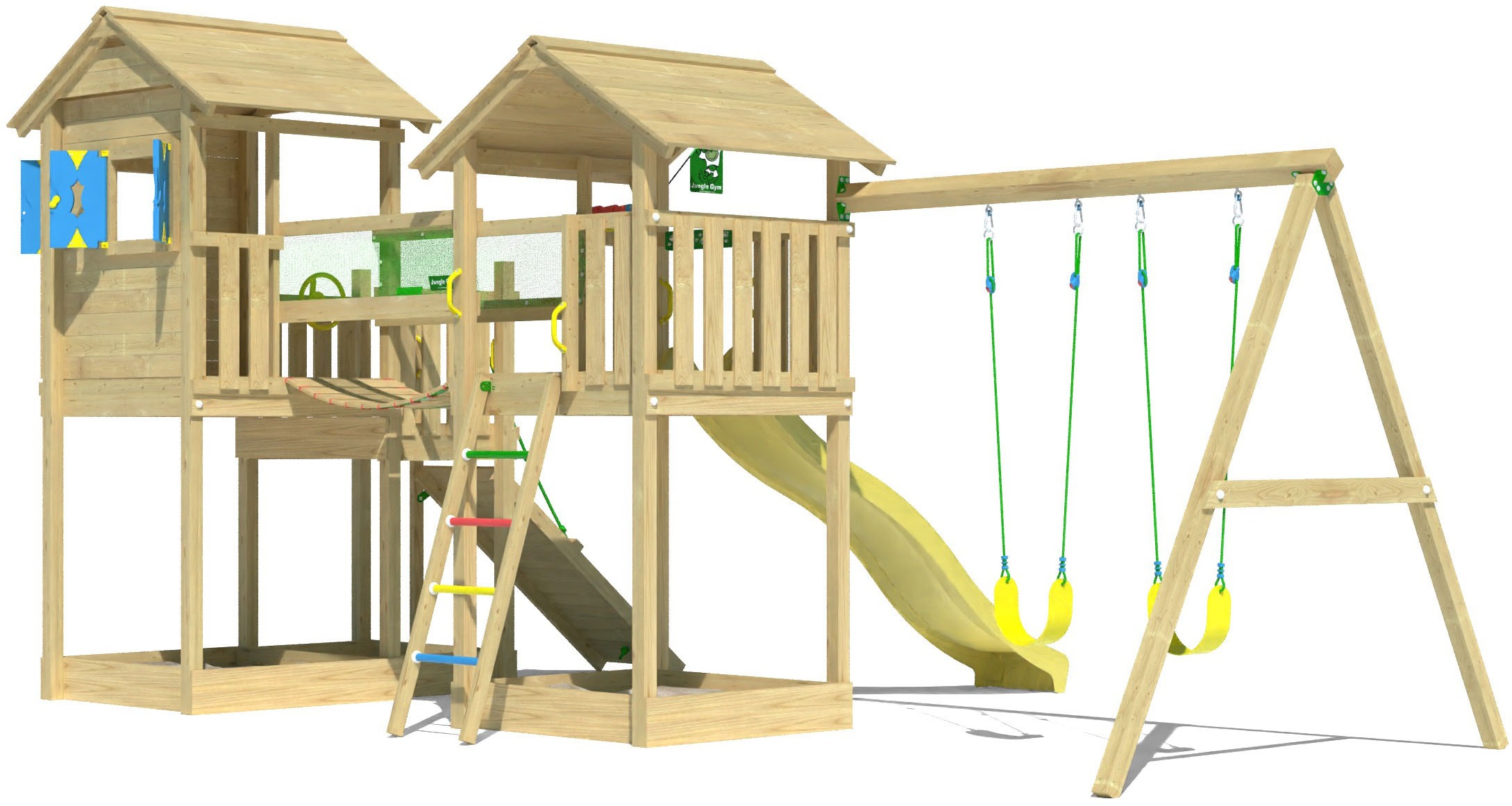 Jungle Gym Spielturm »Stronghold«, (Set), Spielanlage mit 2 Türmen, Schaukel und Rutsche mit Wasseranschluss