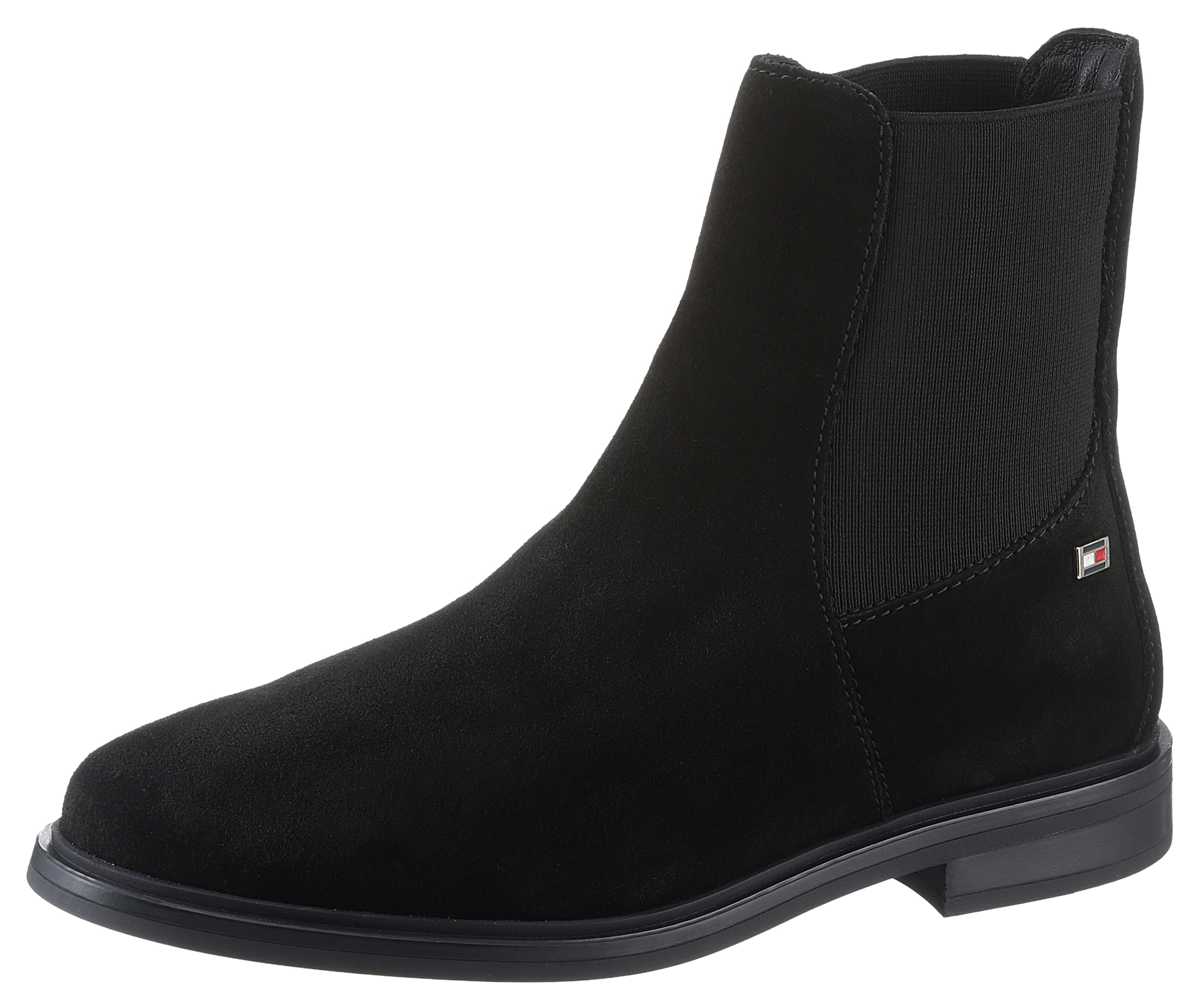 Tommy Hilfiger Chelseaboots »FLAG SUEDE LOW CHELSEA«, Blockabsatz, Businessschuh, Stiefelette mit seitlicher Logoflag