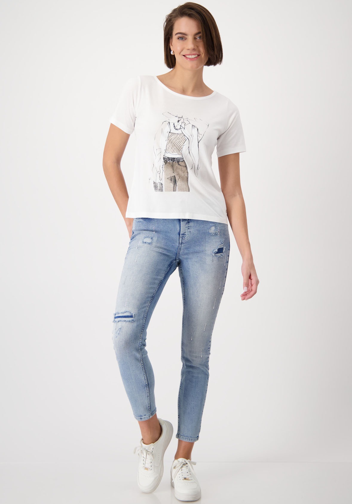 Monari Rundhalsshirt, mit Frontprint und Glitzernieten