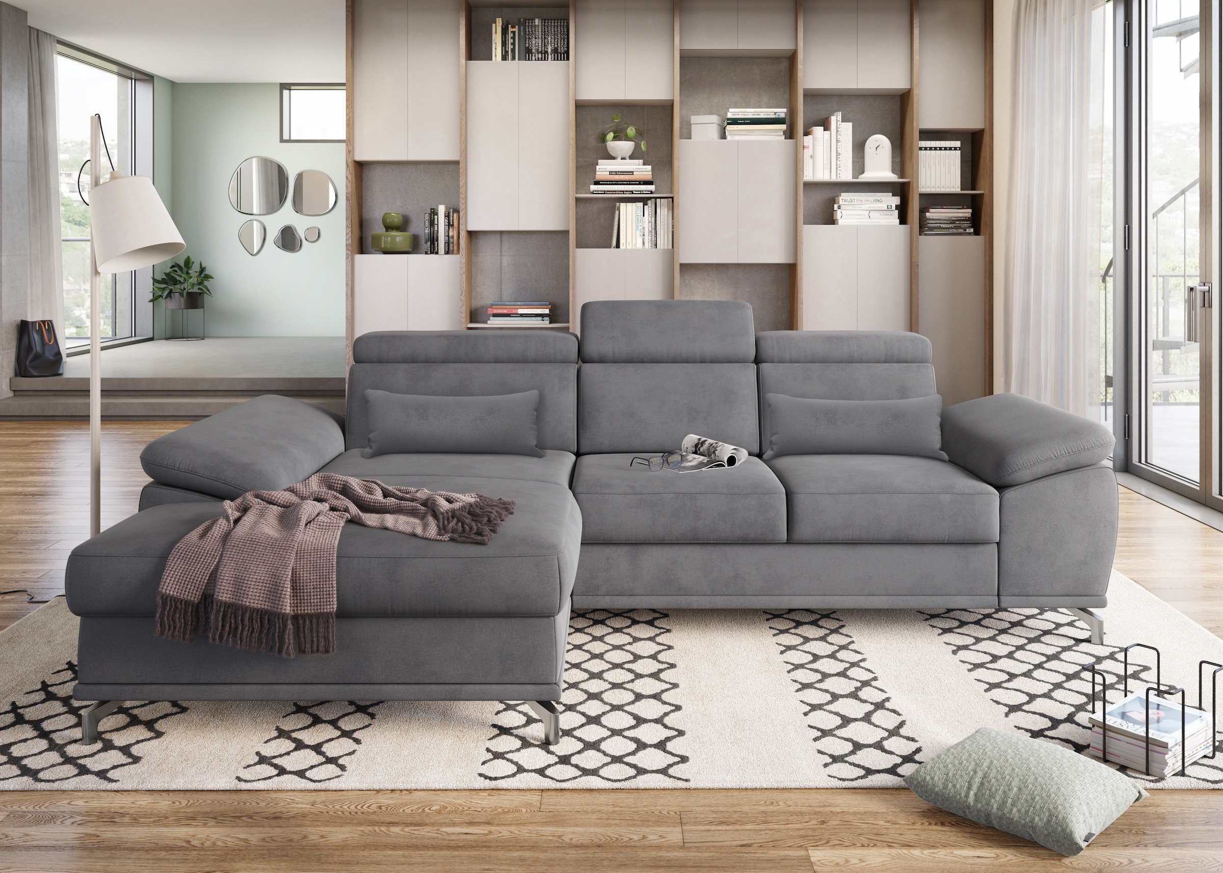 sit&more Ecksofa »Cabrio L-Form, mit Sitztiefenverstellung, Arm- und Kopfteilverstellung«, 2 Nierenkissen, Federkern, optional Bettfunktion und Stauraum