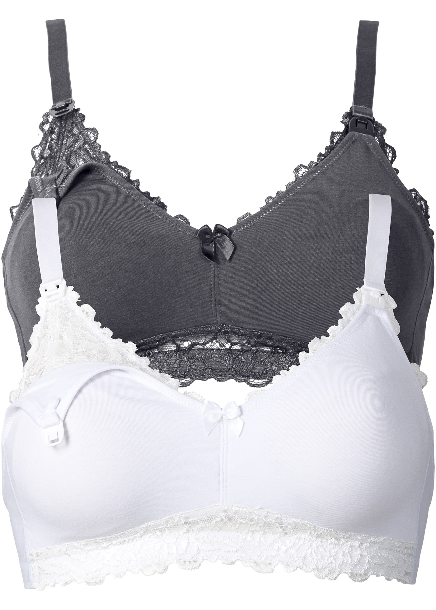 Still-BH BONPRIX, Damen, Gr. 95, Cup E, anthrazit, weiß, Obermaterial: 95% Baumwolle, 5% Elasthan. Futter: 95% Baumwolle, 5% Elasthan. Spitze: 93% Polyamid, 7% Elasthan, BHs Still-BH, im praktischen Doppelpack, mit Clip-Verschluss zum einfachen Öffnen