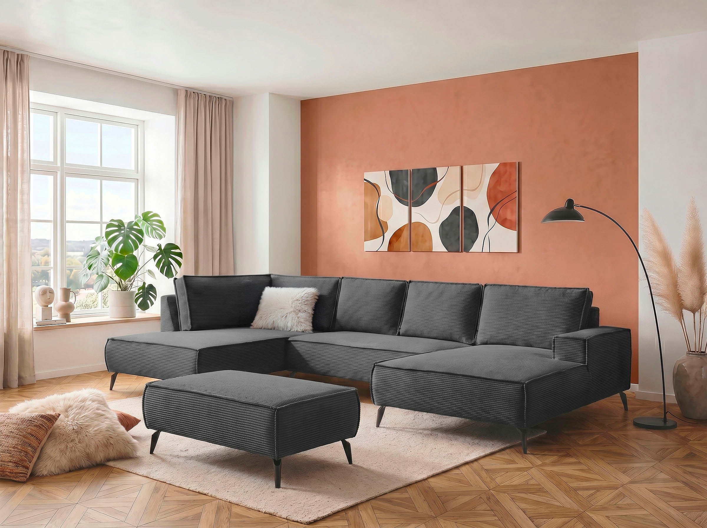 OTTO home Wohnlandschaft »TVINNU Cord, 354 cm, mit Hocker« Recamiere rechts/links, stellbar zum Schlafsofa (Krokodilverbinder)