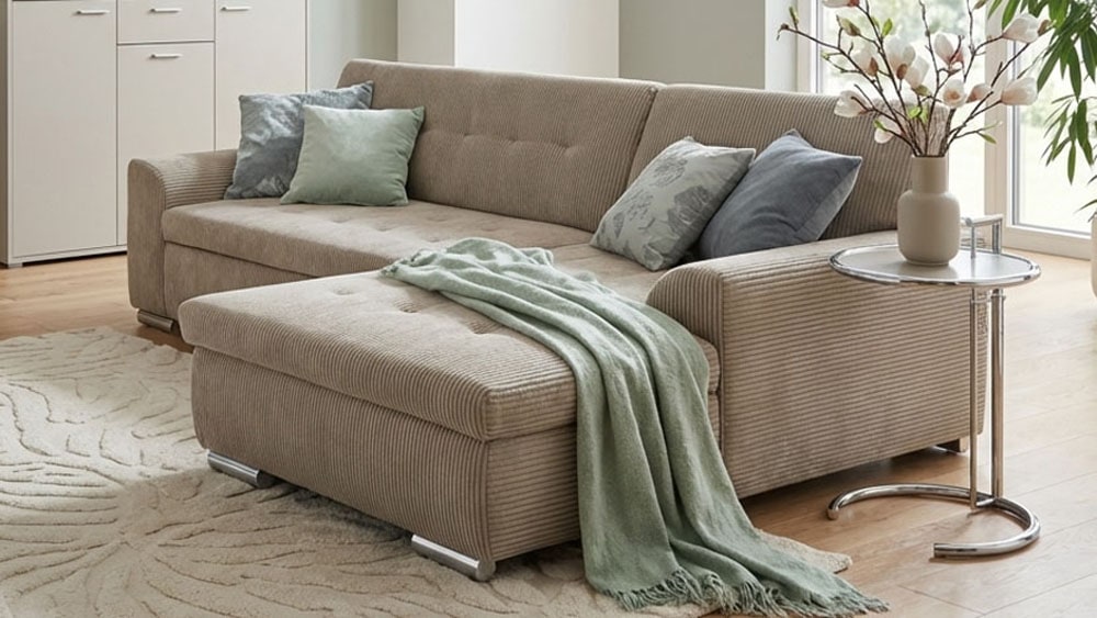 DOMO collection Ecksofa "TREVISO viele Bezüge, auch in Cord, L-Form, 267x178 cm" wahlw. mit Bettfunktion, inkl. Zierkissen, Unser Dauertiefpreis
