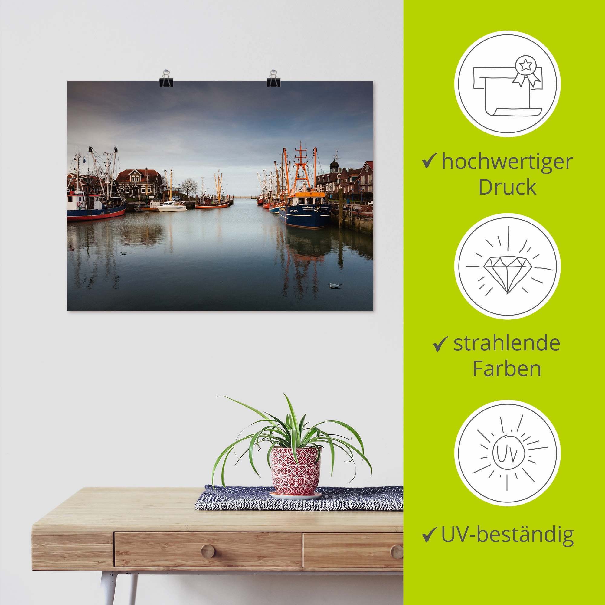 Artland Poster »Im Hafen der Stille...«, Boote & Schiffe, (1 St.), als Leinwandbild, Wandaufkleber oder Poster in versch. Größen