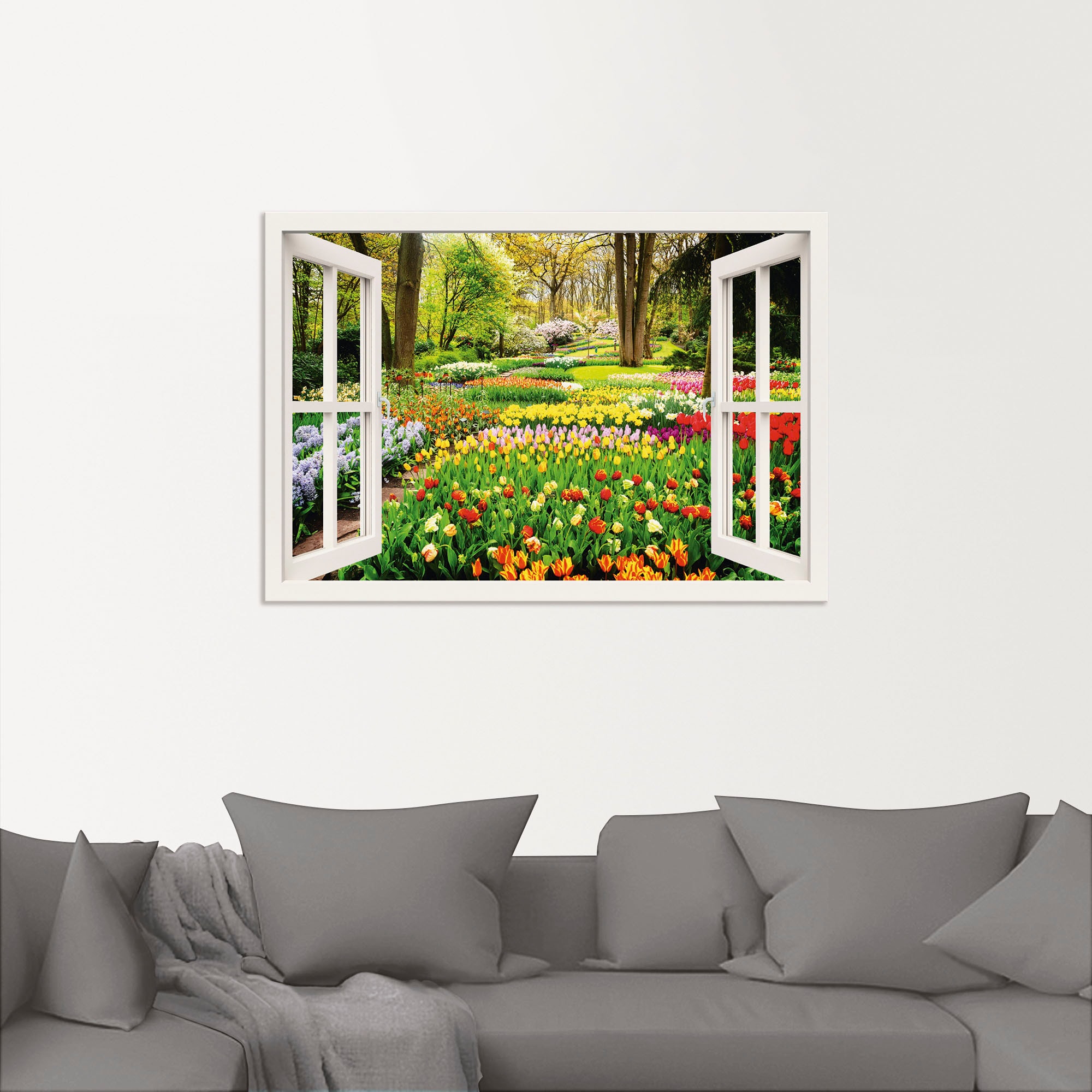 Artland Wandbild »Fensterblick Tulpen Garten Frühling«, Fensterblick, (1 St.), als Alubild, Outdoorbild, Leinwandbild, Poster, Wandaufkleber