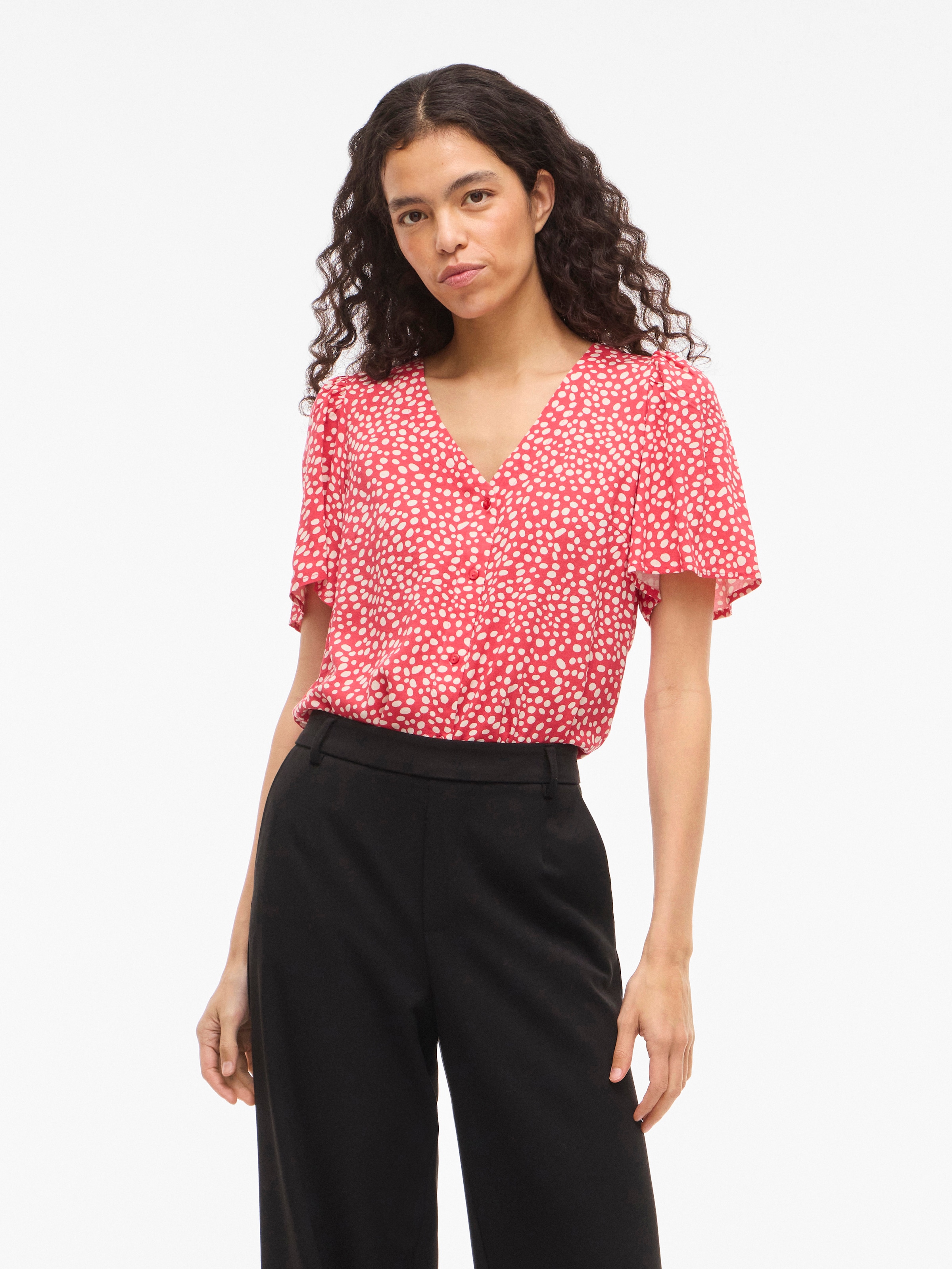 Hemdbluse VILA "VIGRACE V-NECK S/S SHIRT - NOOS", Damen, Gr. 38, hibiscus aop:dot sandshell, Obermaterial: 100% Viskose, bedruckt, regular fit normal, Blusen Hemdbluse 2