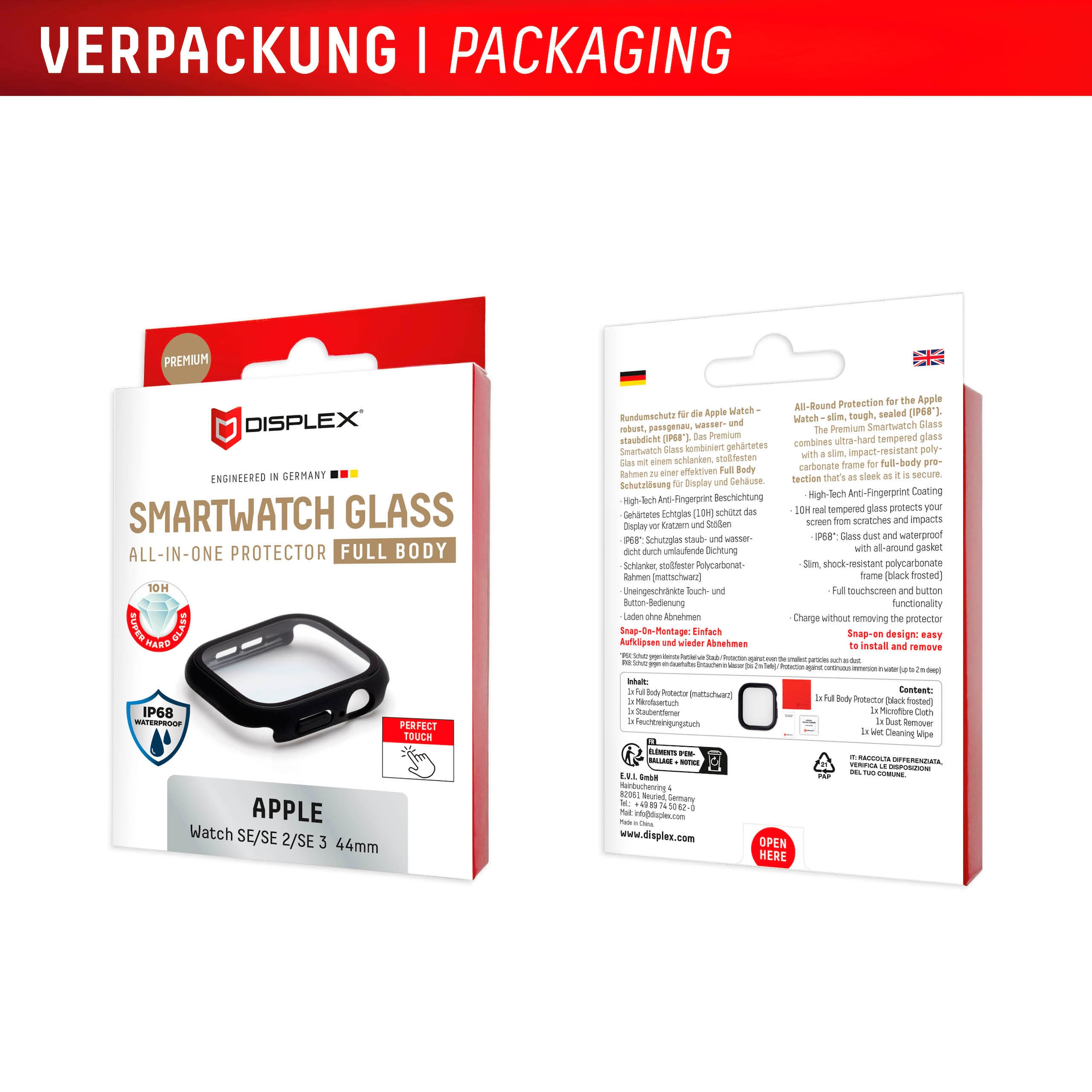 Displex Displayschutzglas »Smartwatch Glass All-In-One Protector Full Body« für Apple Watch SE 44 mm;Apple Watch SE 2 44 mm;Apple Watch SE 3 44 mm Displayschutzfolie, Schutzfolie, Bildschirmschutz, kratz- & stoßfest
