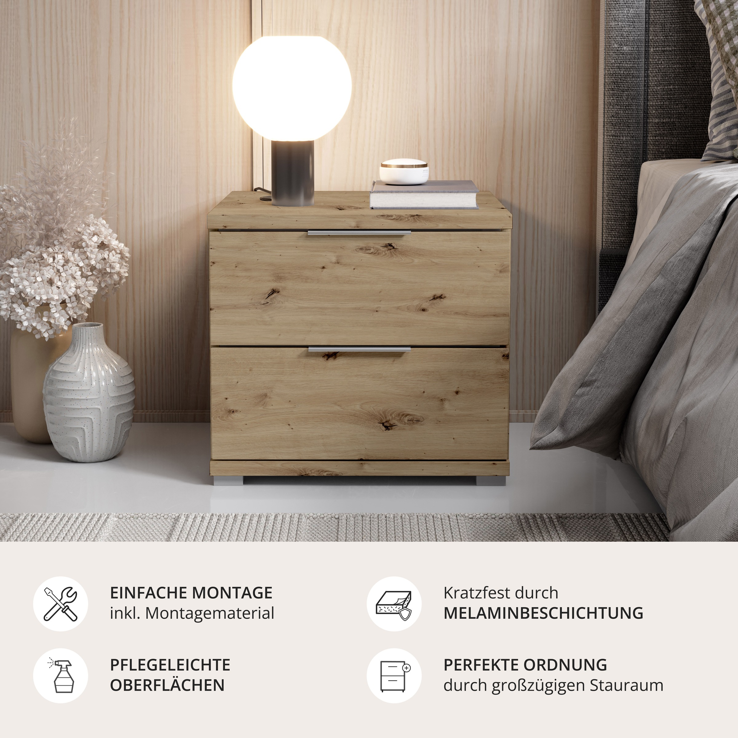 Schlafkontor Nachtkommode »Smilla Nachttisch, Nachtkonsole mit Schubkästen« Korpus melaminbeschichtet, silberfarbige oder schwarze Griffe