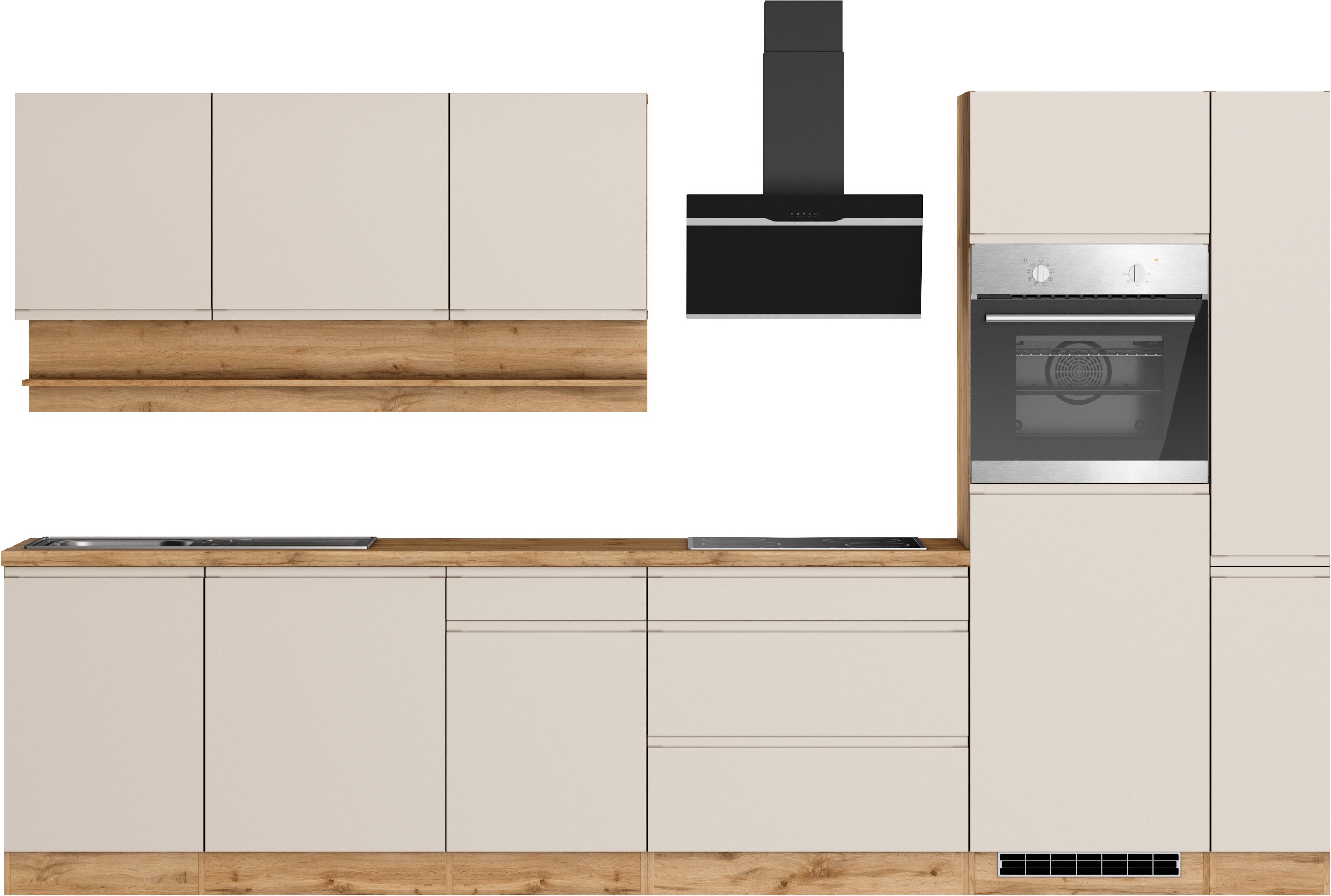 KOCHSTATION Küchenzeile "KS-Virginia,neu in verbesserter Ausführung" Arbeitsplatte 38 mm stark, Stauraum, Softclose, Breite 330 cm, Soft-Close, ohne E-Geräte
