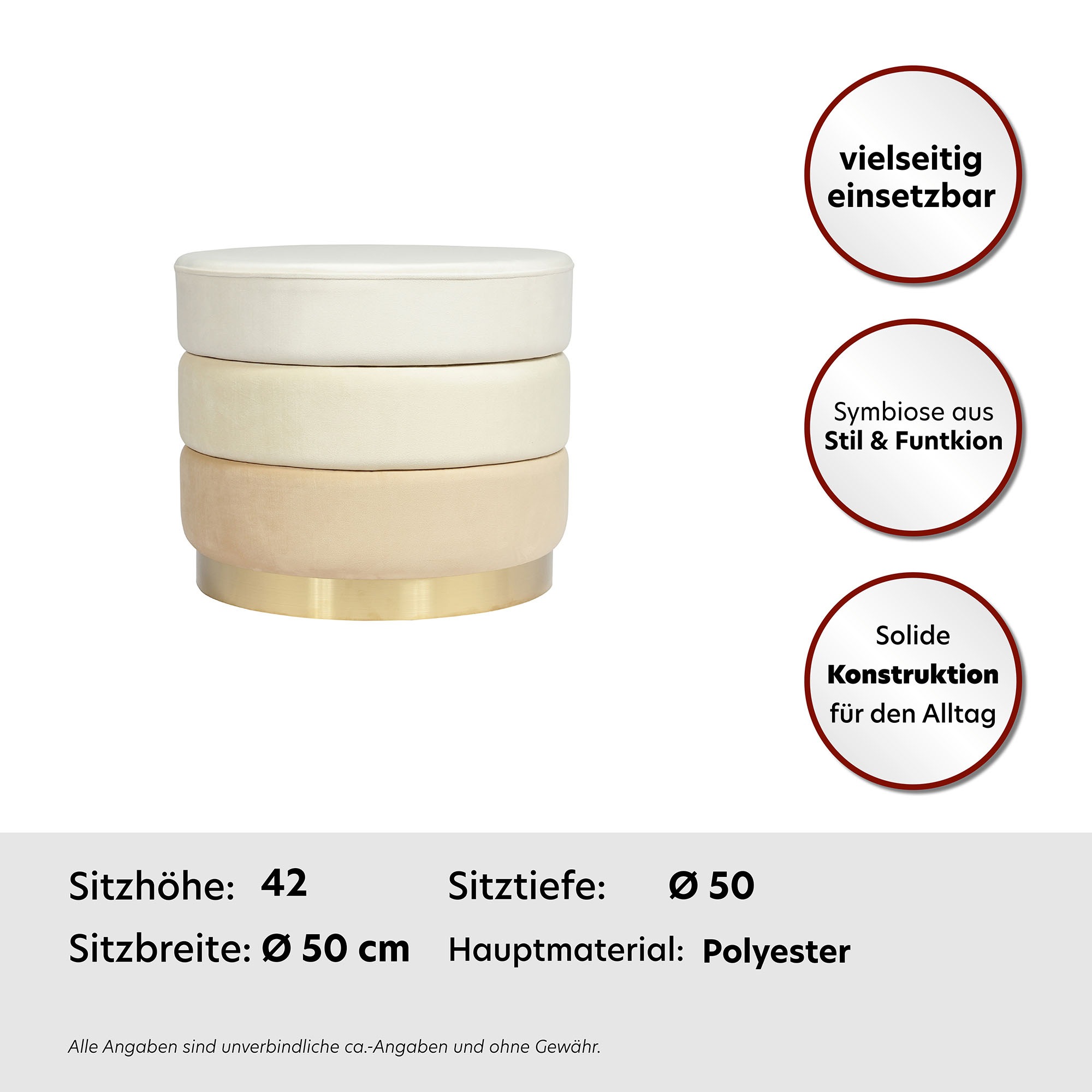 Kayoom Polsterhocker »Hocker Matilda 325, Edler Touch durch goldenen Sockel«, (1 St.), Samtbezug, farbig geschichtete Polsterung, goldener Sockel