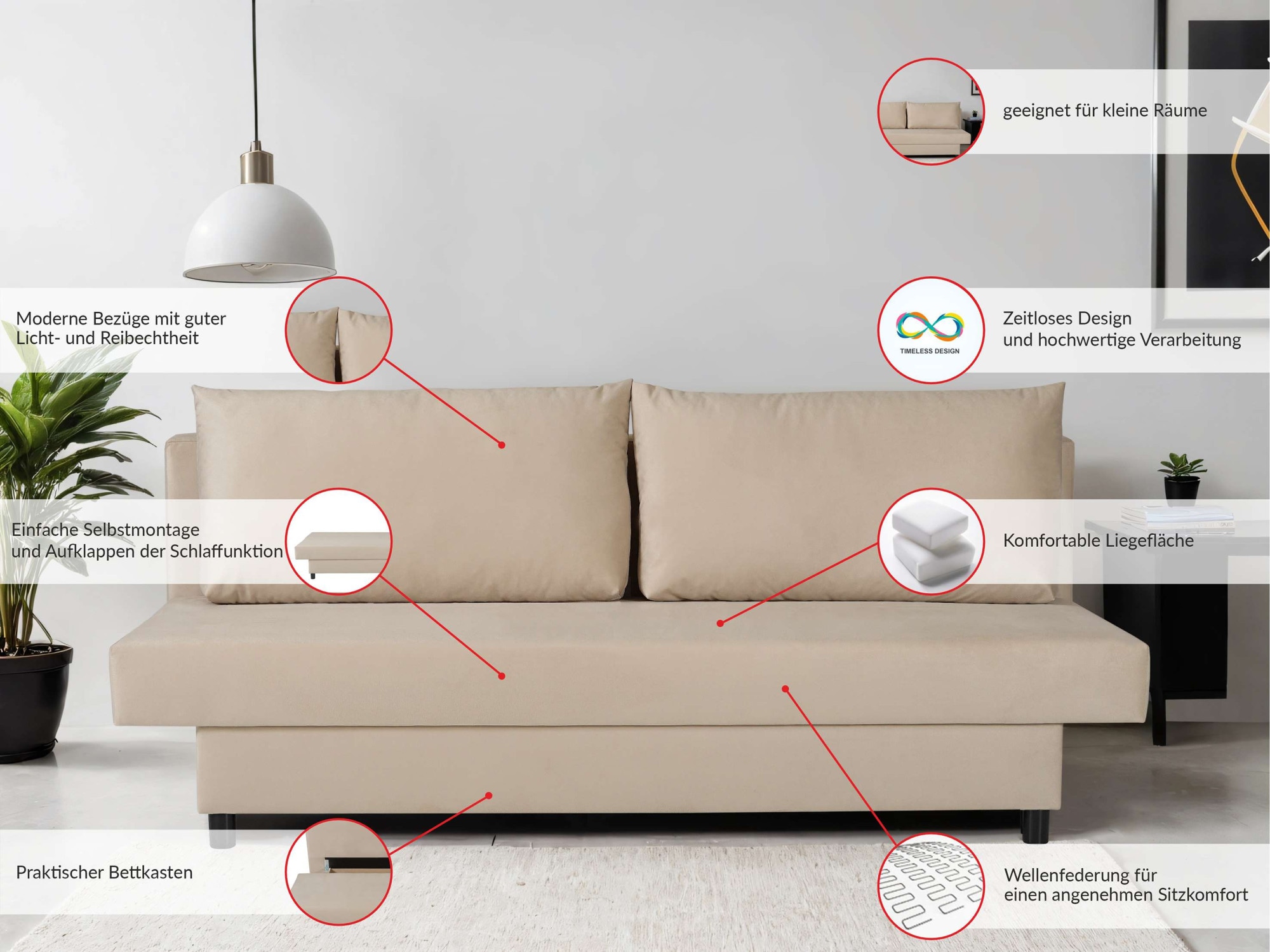 INOSIGN 3-Sitzer »SAWYER Schlafsofa mit Bettkasten und Wellenunterfederung«, pflegeleichte Bezüge: Velvet & Struktur, B/T/H 193/86/83,5 cm