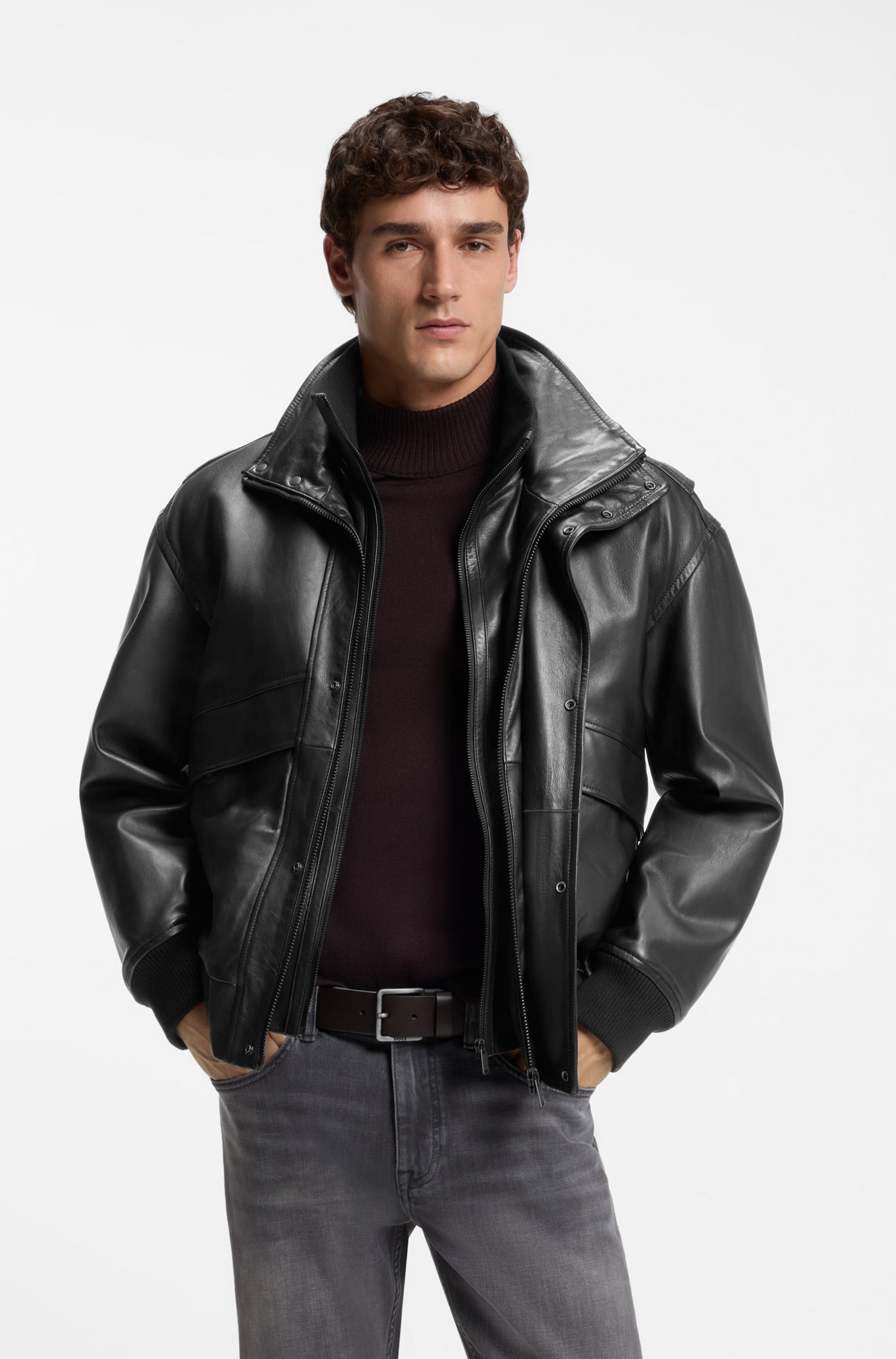 BOSS ORANGE Lederjacke "Jolights" Weiches, strukturiertes Schafleder, Relaxed Fit, abnehmbares Inlay