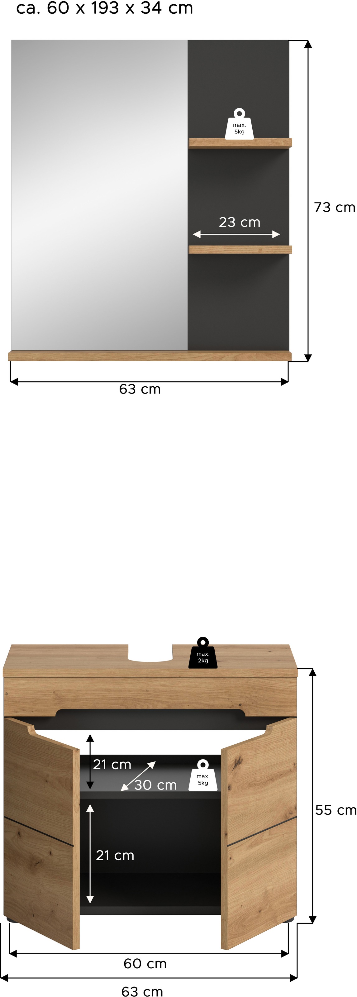 INOSIGN Badmöbel-Set »REHAT, 2-teilig, Breite 63 cm, mit grifflosen Fronten, bestehend aus:«, (2 St.), 1x Waschbeckenunterschrank & 1x Spiegelschrank