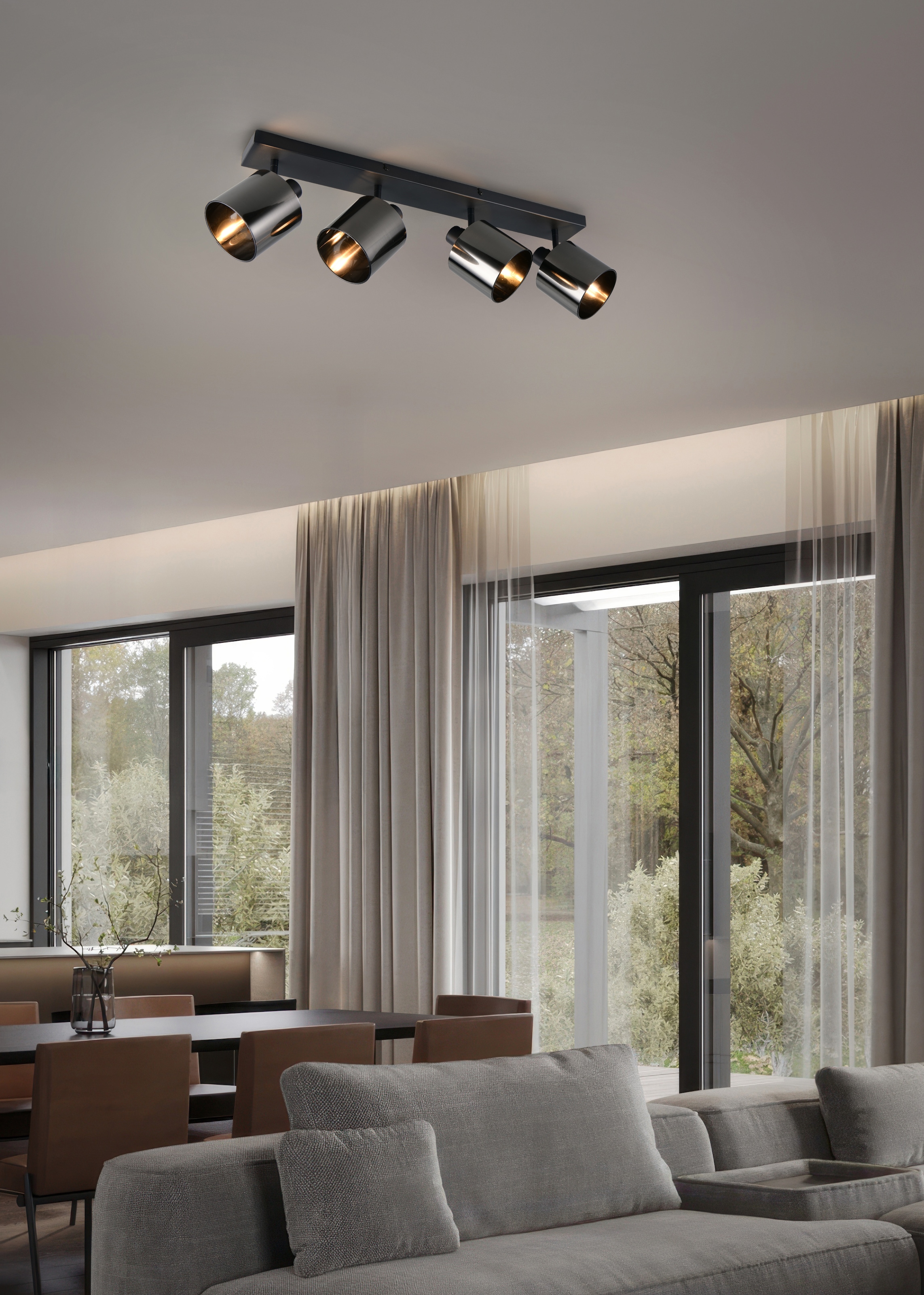 REALITY Leuchten Deckenstrahler »JASON, Deckenspot 4-flammig exkl 4x E4 max 10W, 76x22x12 cm (B/H/T)« E14 1 Stk. warmweiß - kaltweiß 4 verstellbare Strahler, Metall schwarz, Lampenschirm rauchgrau