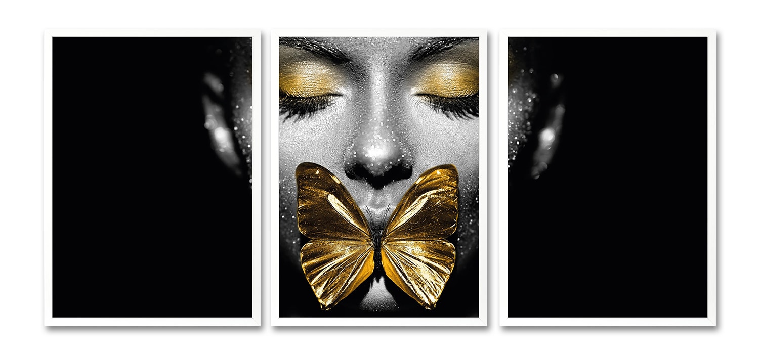 Leonique Bild mit Rahmen »Gesicht Schmetterling Gold - Gerahmter Digitaldruck - Wandbild«, (3er-Set), 3x 30x40 cm - Holzrahmen - Dekoration - Weißer Rahmen - Triptychon