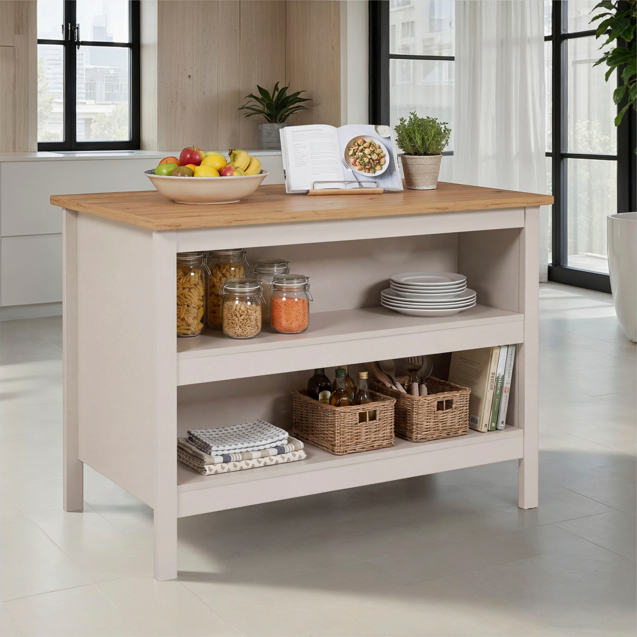 Inter Link Bartisch »Pienza, multifunktional für Küche & Essbereich, im Skandi Look« 1 Stk. tlg. Kücheninsel mit Regalböden, Platz für 2 Hocker, Kaschmir, 124x75x91 cm