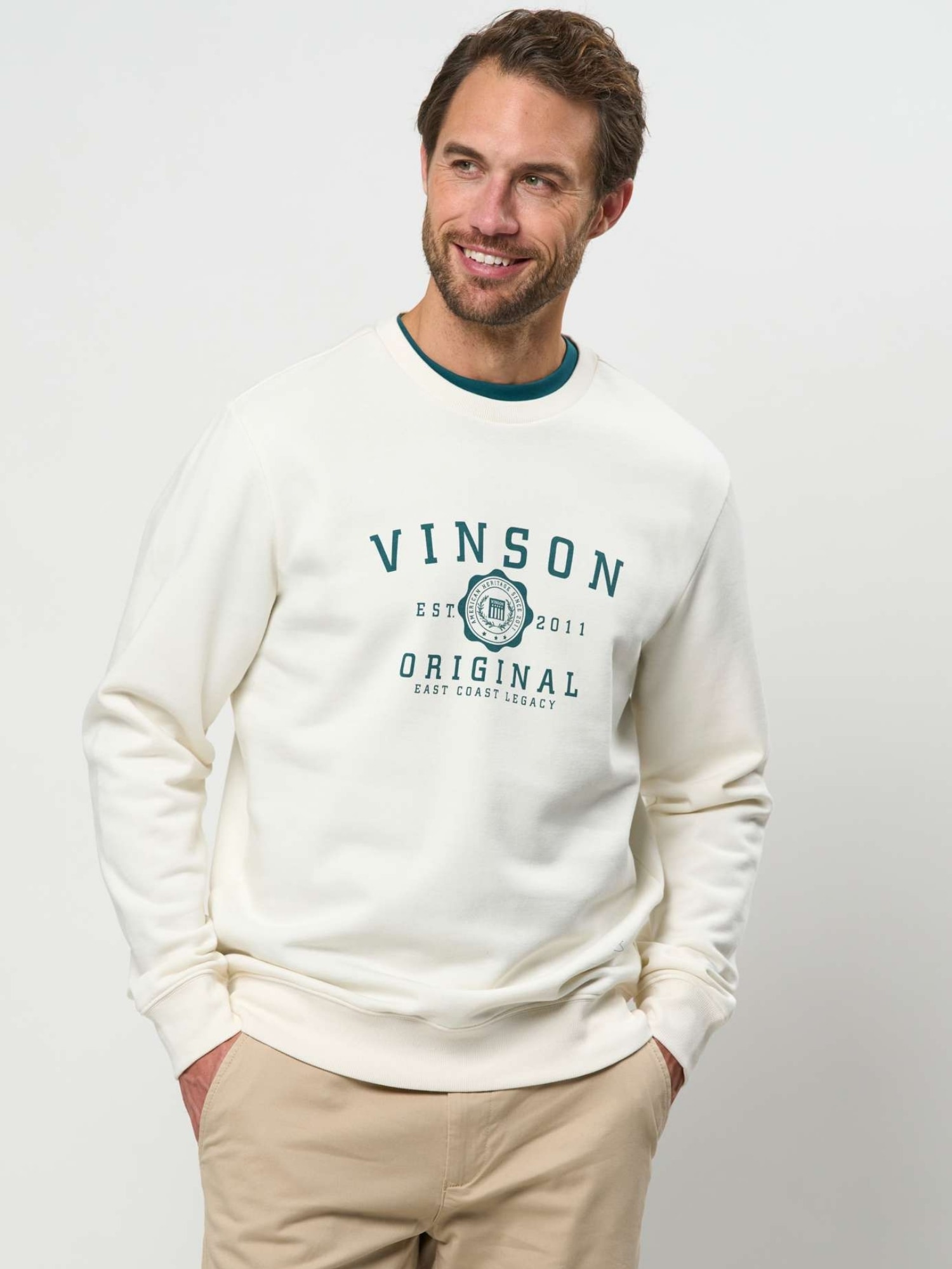 Rundhalspullover VINSON "VINSON Pullover VMToke", Herren, Gr. L, cloud dancer, Obermaterial: 80% Baumwolle, 20% Polyester, Pullover Rundhalspullover
