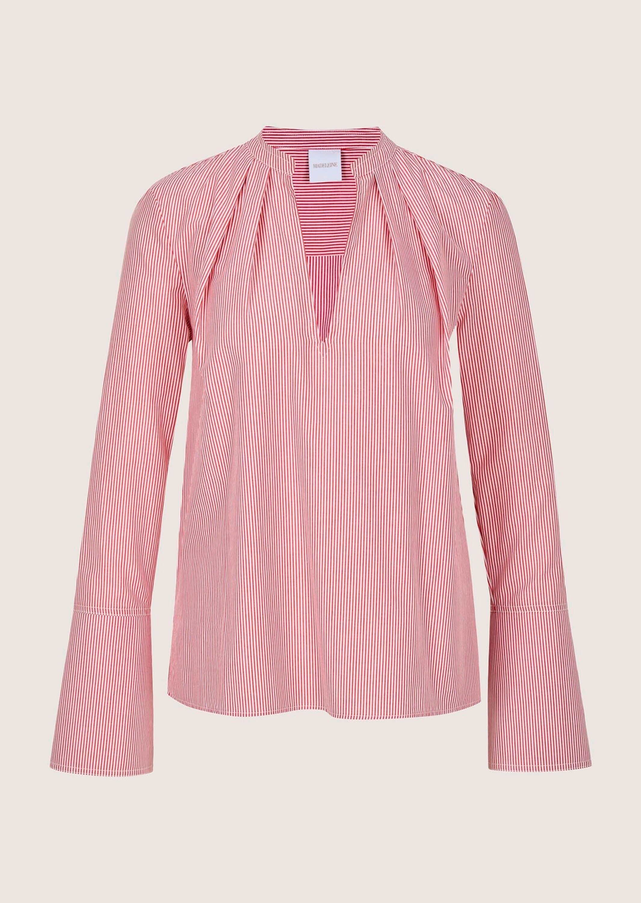 Langarmbluse MADELEINE "Streifenbluse Blusenshirt mit Streifendesign", Damen, Gr. 36, rot (rot, weiß), Obermaterial: 100% Baumwolle CO., Modern, figurumspielend, Blusen, Bluse mit Rundhalsblende mit V-Ausschnitt