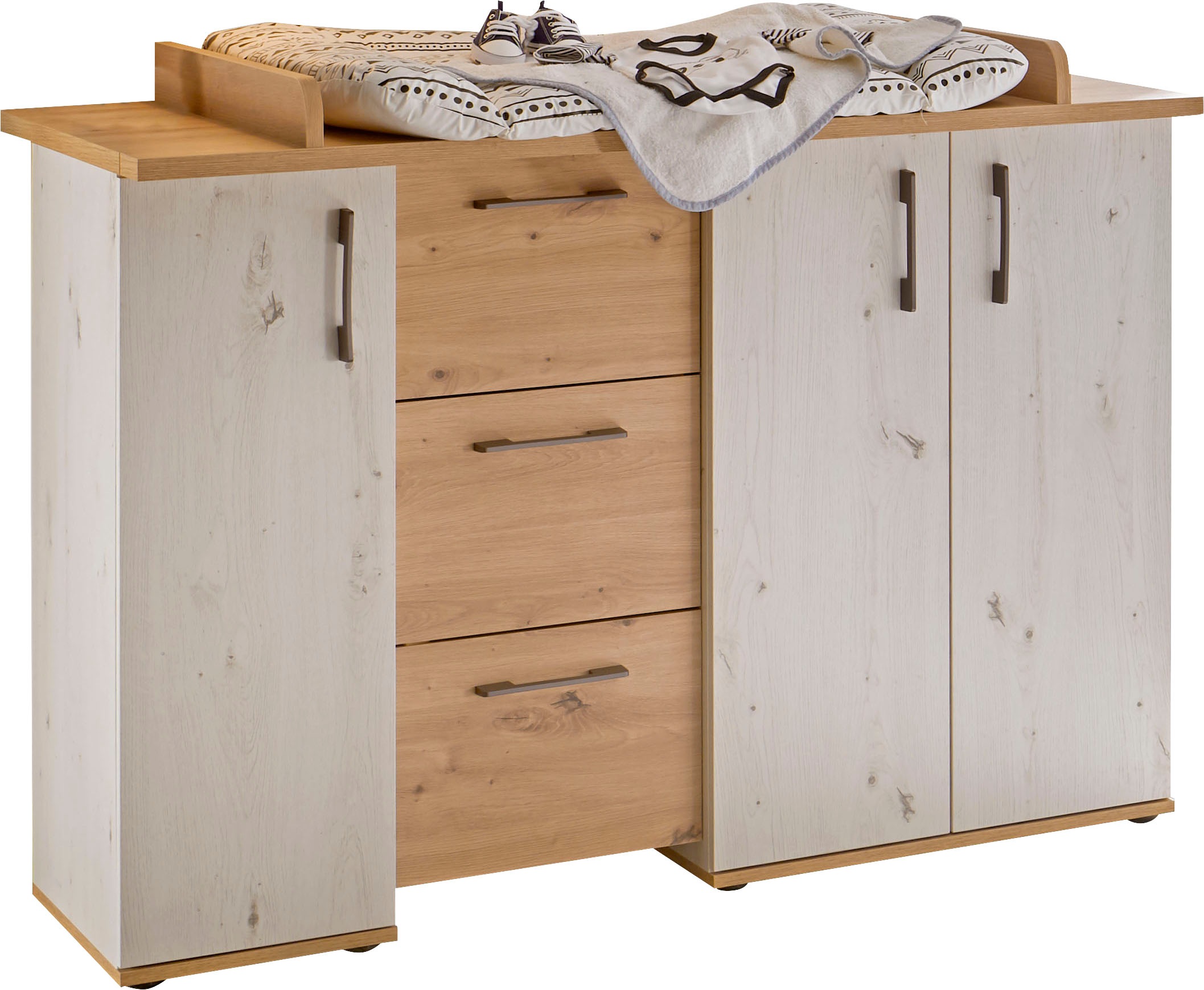 Wickelkommode MÄUSBACHER "Micha", artisan, weiß, asteiche, B:127cm H:98cm T:71cm, Holzwerkstoff, Wickelkommoden, Wickelkommode, umbaufähig zur Kommode 3