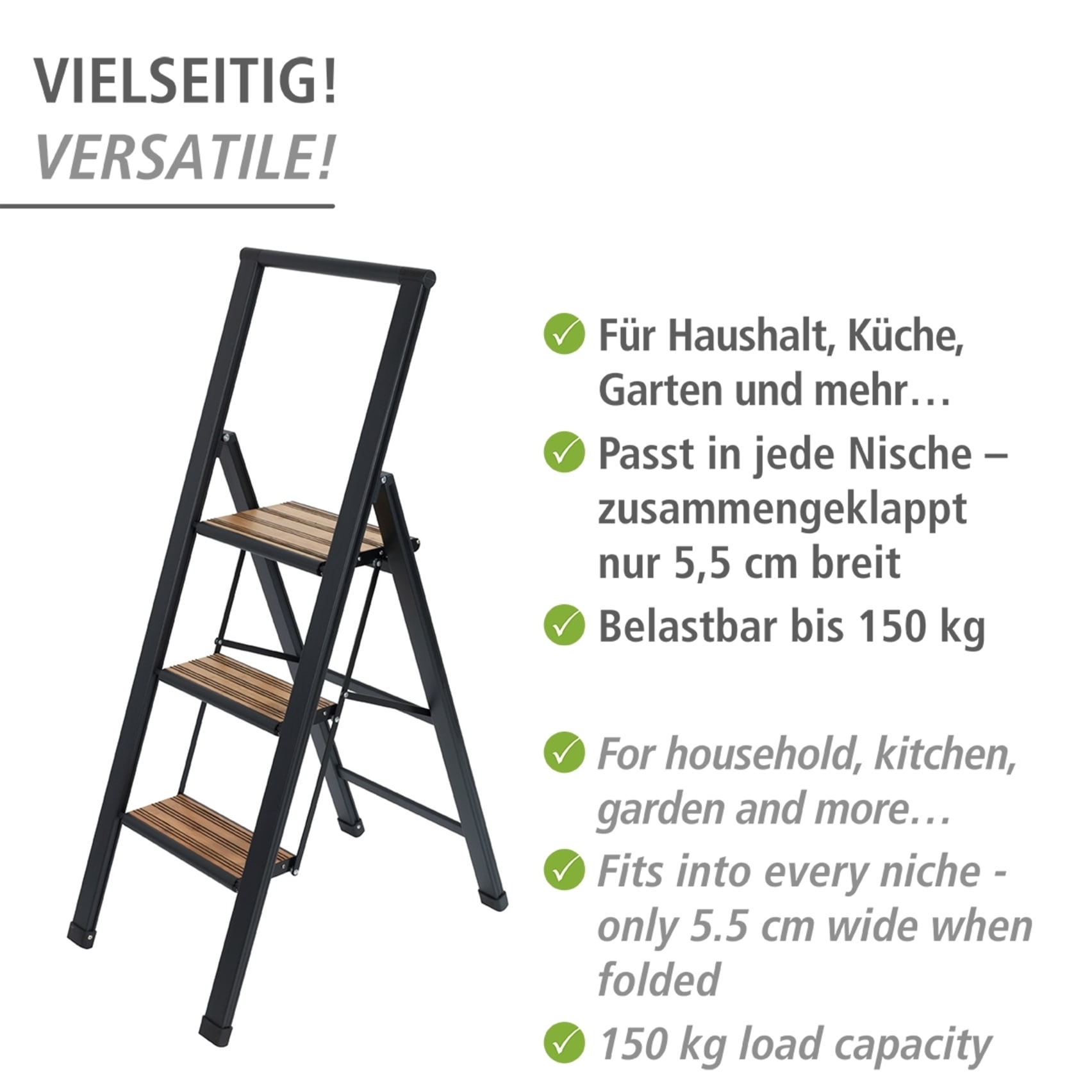 WENKO Trittleiter »Modell Alu-Design«, rutschsichere XXL-Stufen, robustes Aluminium in Kombination mit Bambus