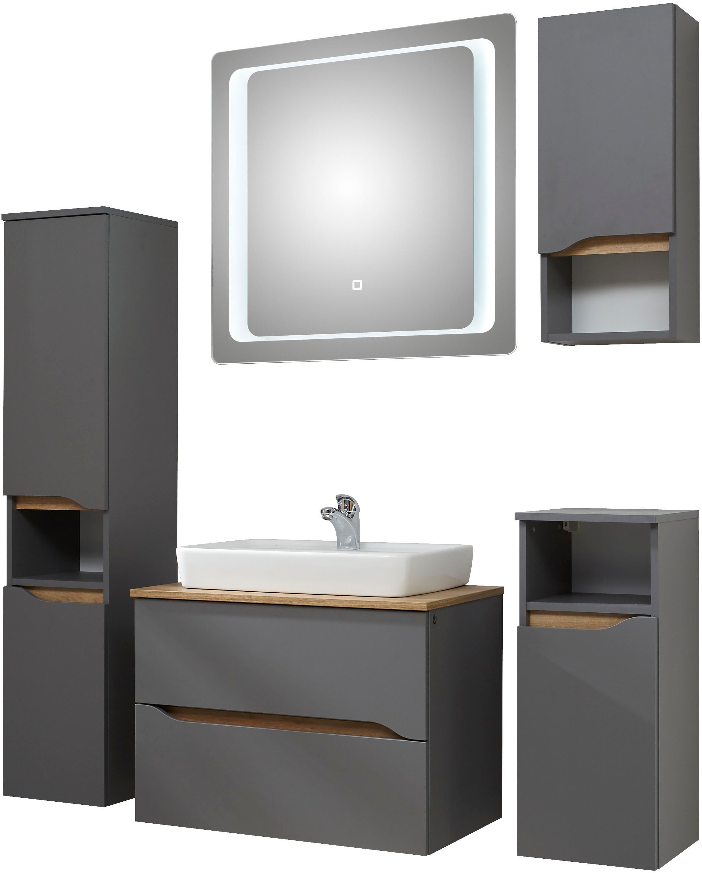 Thumbnail - Saphir Badmöbel-Set "Quickset 5-teilig, Keramik-Aufsatzbecken mit LED-Spiegel" 7 Stk. tlg.