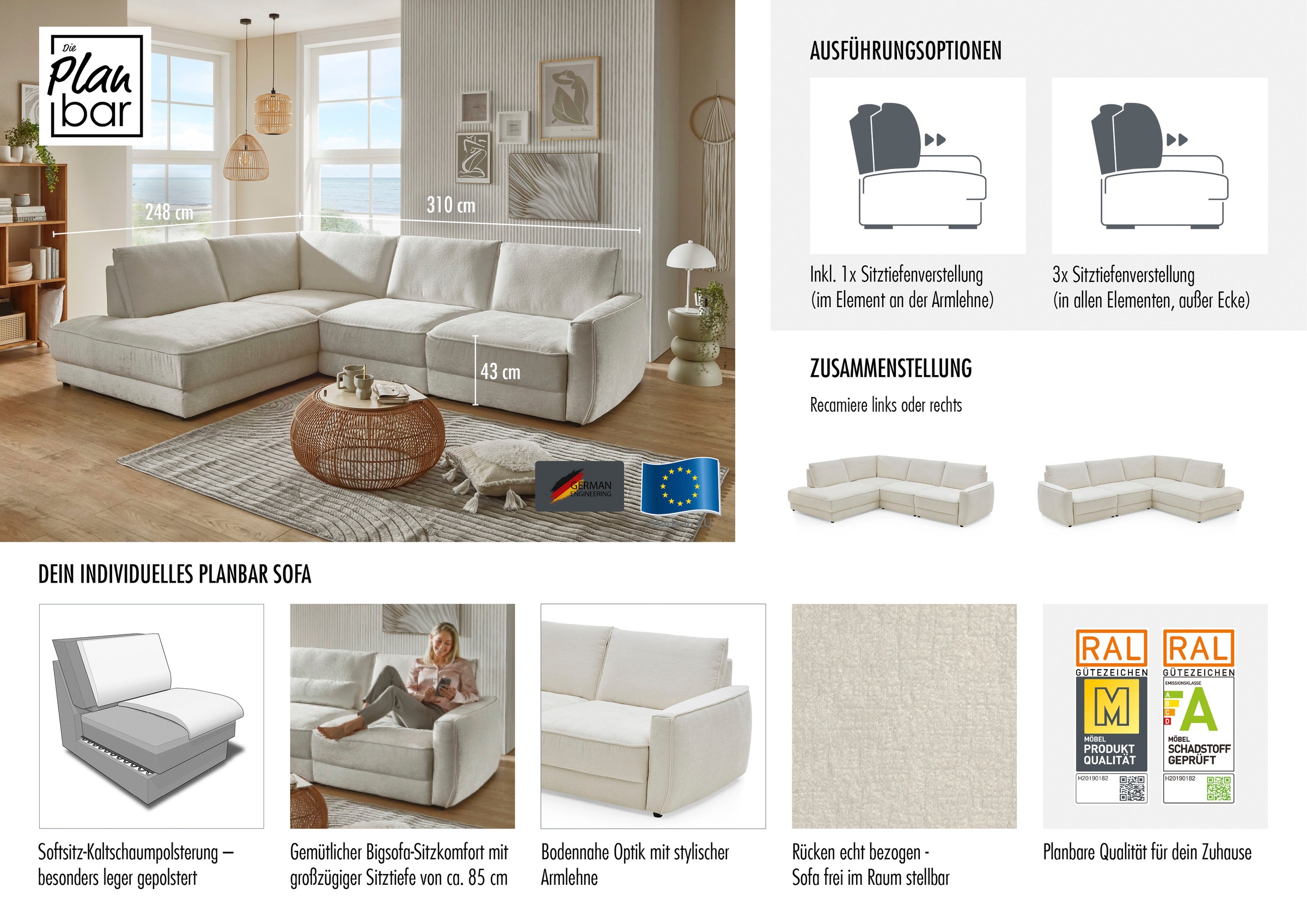 Die PlanBar Ecksofa SoftSitz-Kaltschaumpolsterung, 1 o. 3 Sitztiefenverstellungen wählbar