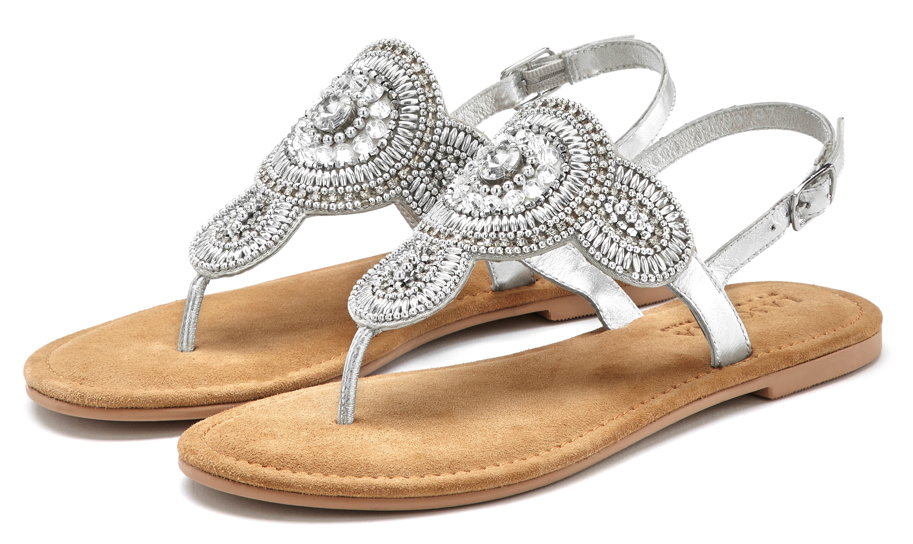 LASCANA Zehentrenner "Sandalette, Sommerschuh, offener Schuh," Sandale, Pantolette in Glitzer-Optik und softer Lederinnensohle