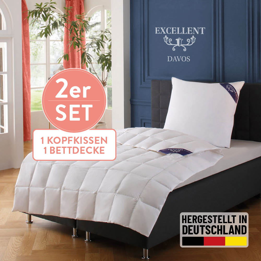 Excellent Daunenbettdecke + 3-Kammer-Kopfkissen "Davos" Bettdecken-Set mit Kopfkissen, Bettdecke 135x200 und 155x220 cm