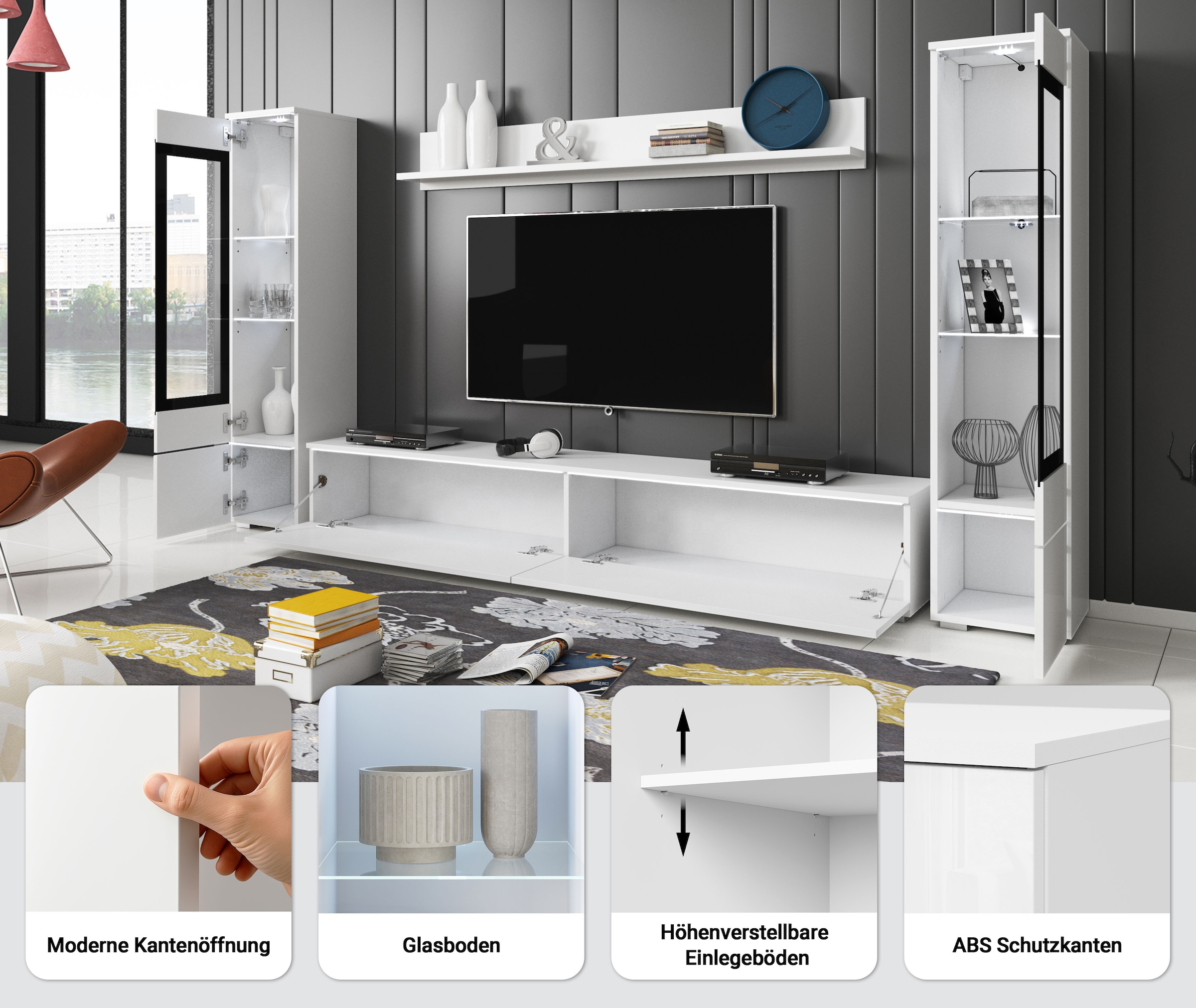 INOSIGN Wohnwand »VERA II« Komplett-Set;Englisch (EN);Rumänisch (RO);Russisch (RU);Französisch (FR);Italienisch (IT);Niederländisch (NL);Polnisch (PL);Slowakisch (SK);Tschechisch (CS);Ungarisch (HU);Türkisch (TR), 4 Stk. tlg.