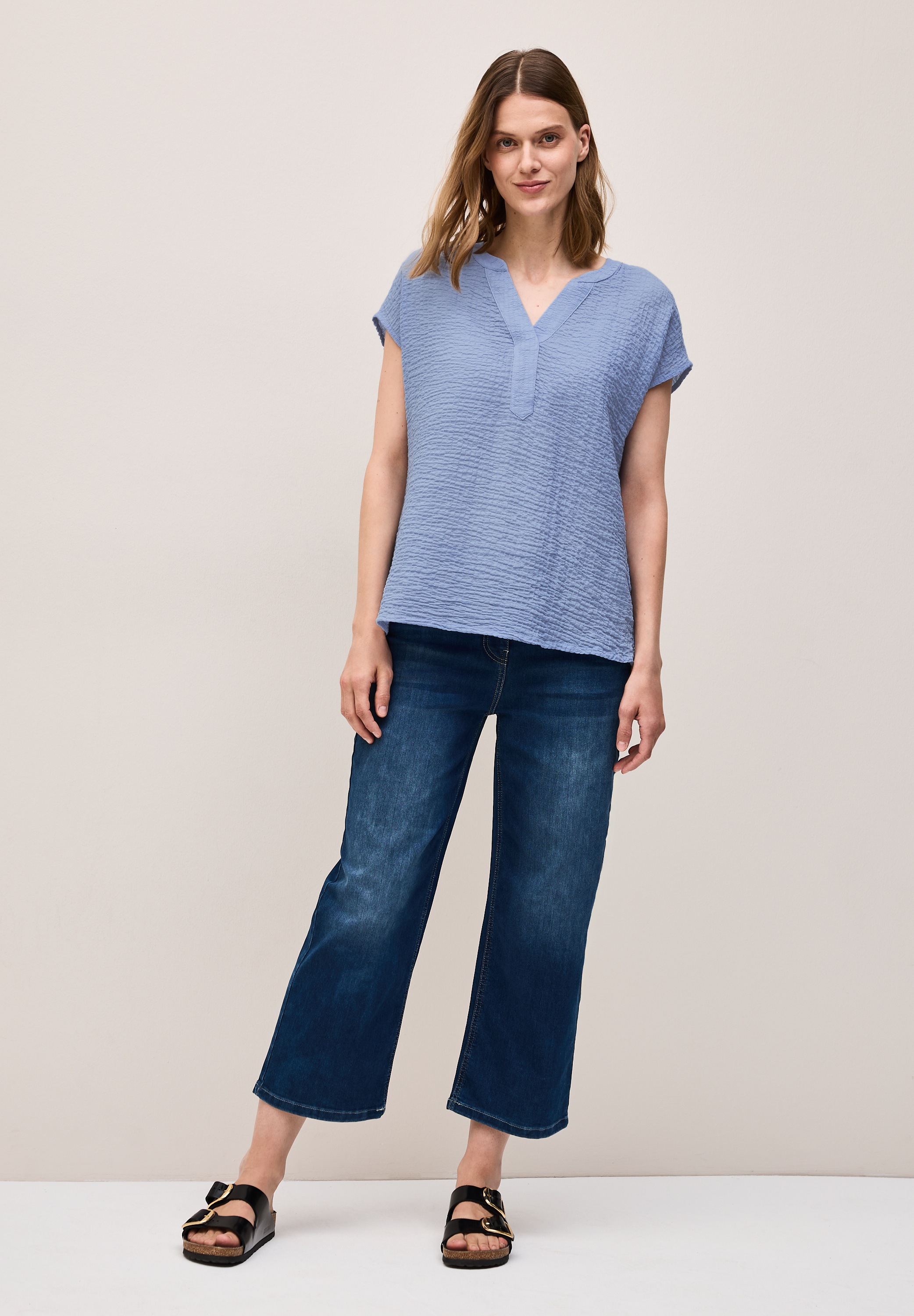 Kurzarmbluse CECIL, Damen, Gr. XXL (46), blau (deep pastel blau), Web, 99% Baumwolle, 1% Elasthan, unifarben, normal normal, Rundhals, abgesteppt, Blusen, aus Baumwolle mit Stretchanteil 2