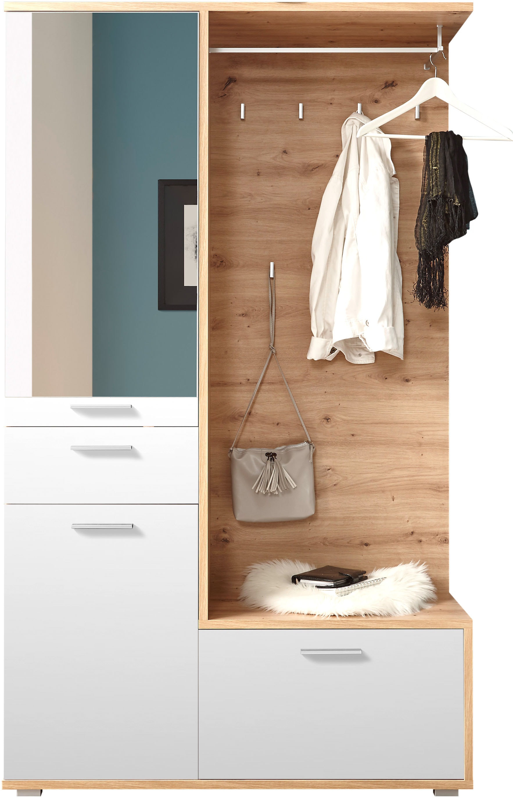 HBZ Kompaktgarderobe »Entra Garderobe, BxHxT 117x198x38 cm«, (3 St.), mit Spiegel und Schubkasten