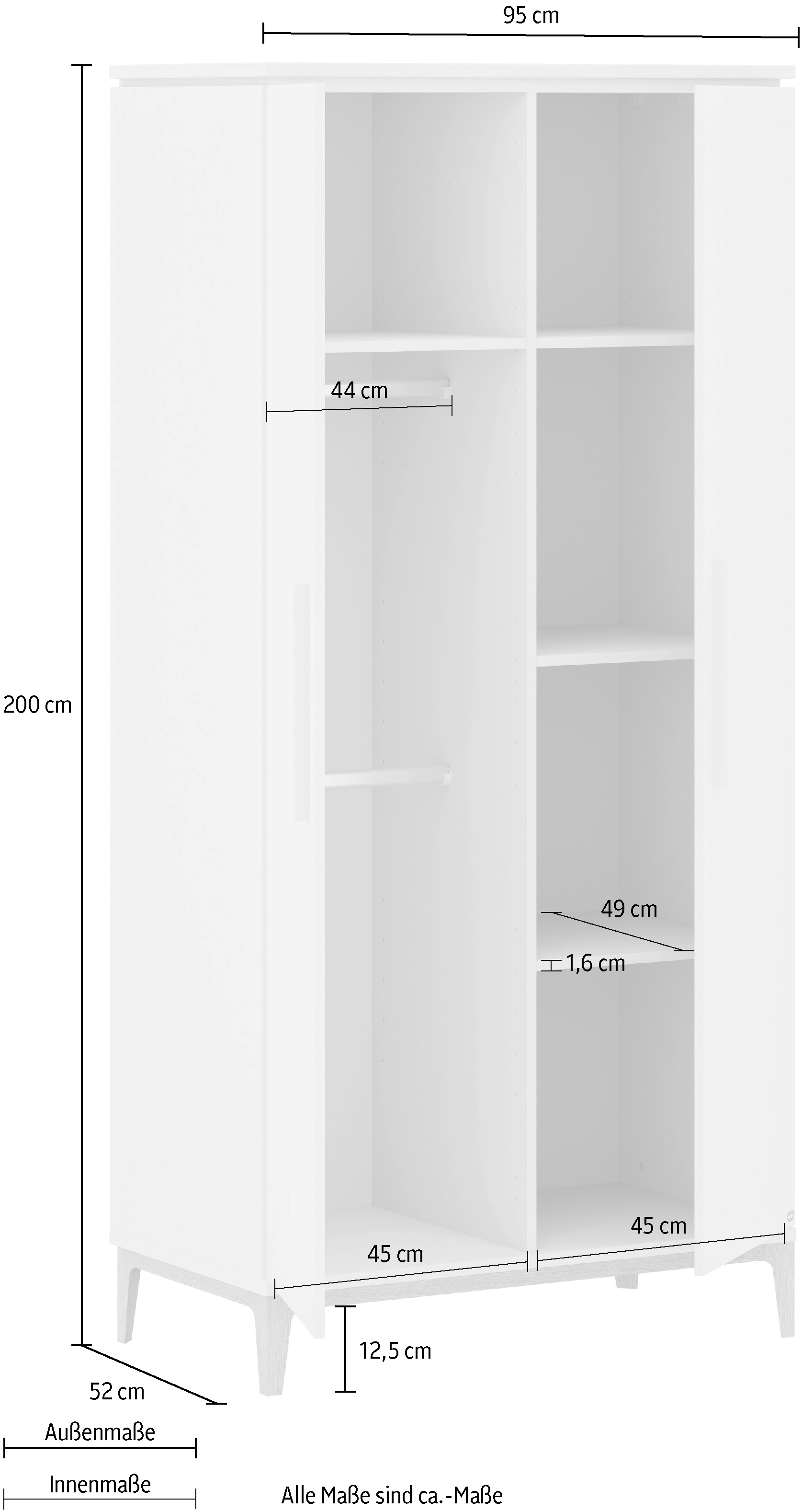 PAIDI Kleiderschrank »CUTIE LEA in Weiß, verschiedene Größen, Türen mit Soft-Close-Funktion« B/H/T ca. 95-131/200/52cm, mit 2 oder 3 Türen, Off-White,  stabiler Drehtürenschrank aus Holz, mit Kleiderstangen & Einlegeböden