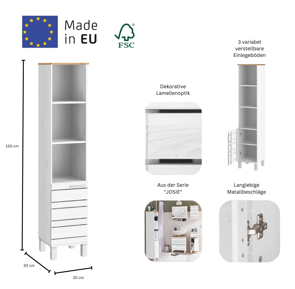 Home affaire Hochschrank »JOSIE«, Breite 30 cm, aus Massivholz, verstellbare Einlegeböden, Metallgriffe