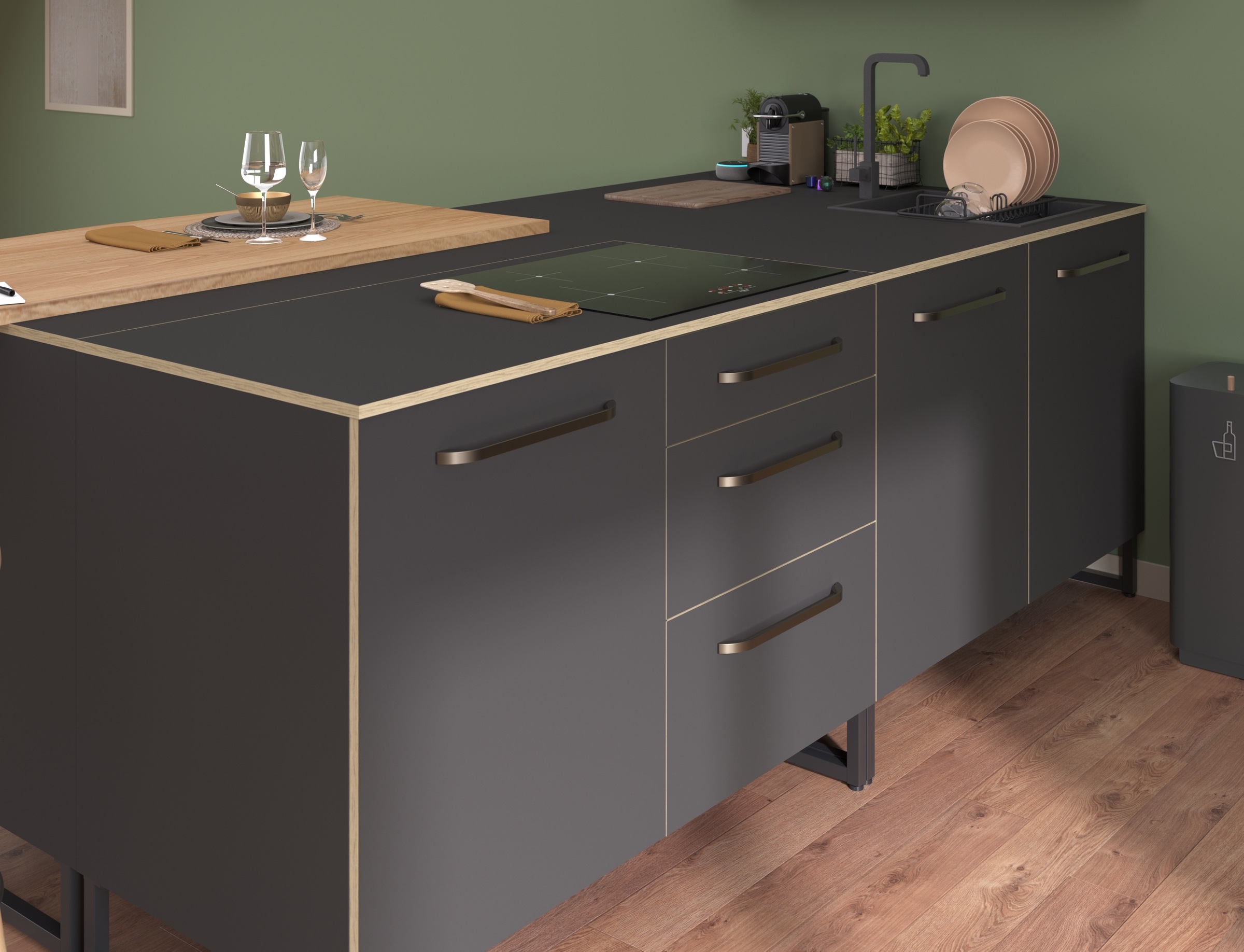 Parisot Schrank-Set »Wave 1, Küchenschrank, Buffetset, Küche«, (Set, 9 St., 4xUnterschrank, Theke/Arbeitsplattenergänzung.,3x Hochschrank, Regal), Türen mit Softclose Funktion, Thekenplatte aus Eiche - funiert