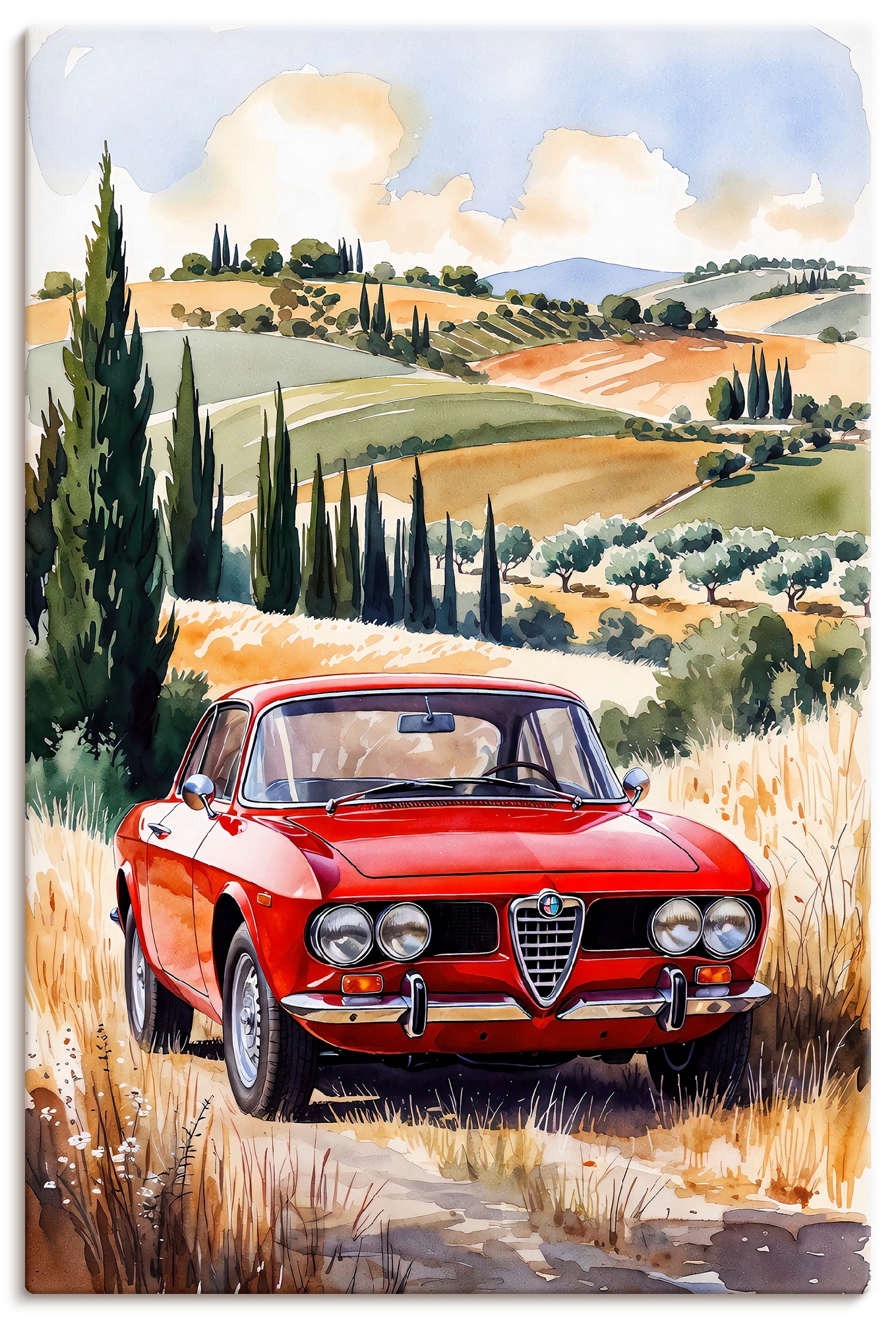 Artland Wandbild "Roter Alfa Romeo in der Sonne der Toscan" 1 Stk. tlg. als Alubild, Leinwandbild, Poster, Wandaufkleber in verschied. Größen