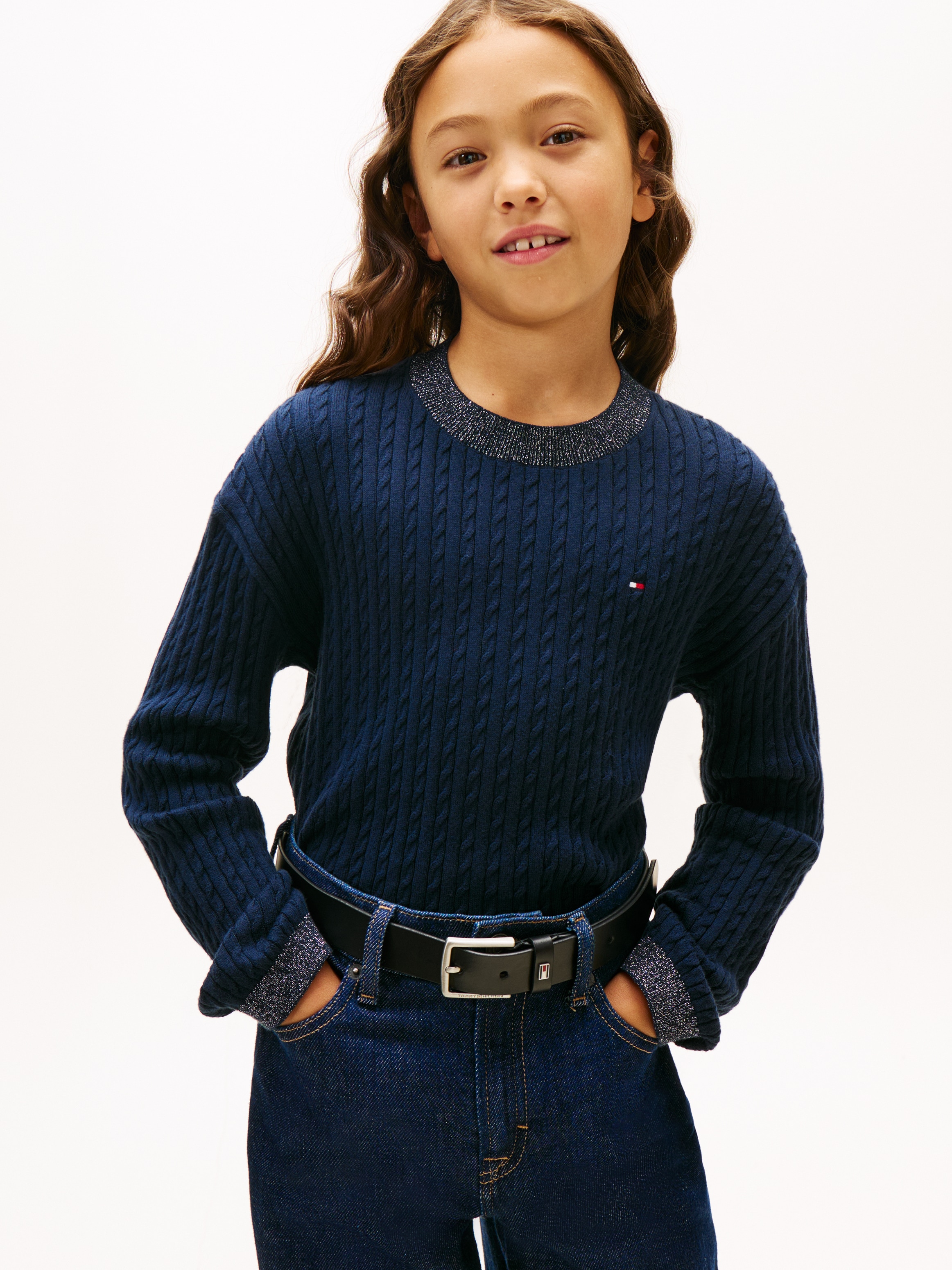 TOMMY HILFIGER Mädchen Strickpullover, blau, Gr. 10, unifarben, Strick, Obermaterial: 92% Baumwolle, 6% Viskose, 2% Polyester, Pullover, Regular fit,