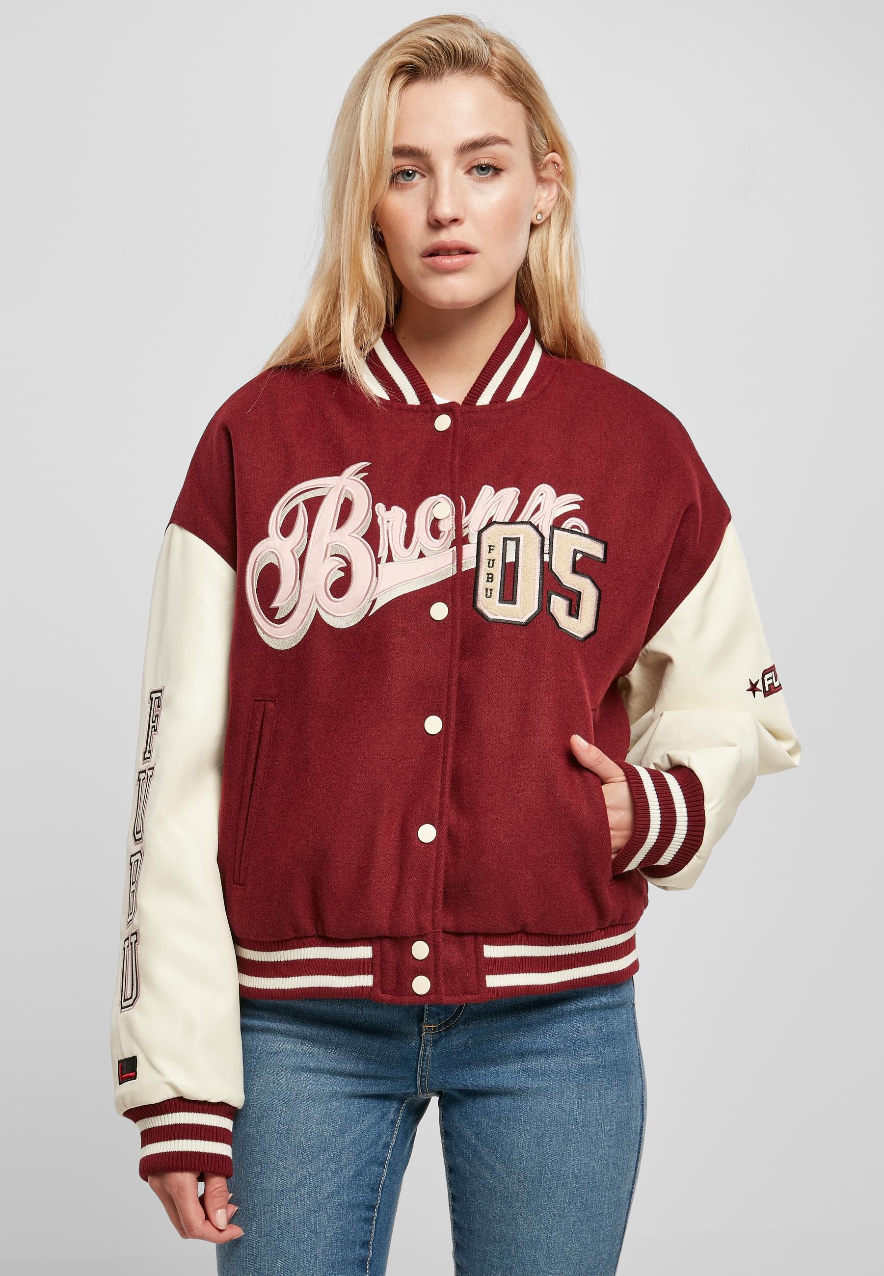 Fubu Collegejacke »Fubu Damen FW224-006-1 City 05 Varsity Jacket bordeaux/offwhite« 1 Stk. tlg. ohne Kapuze