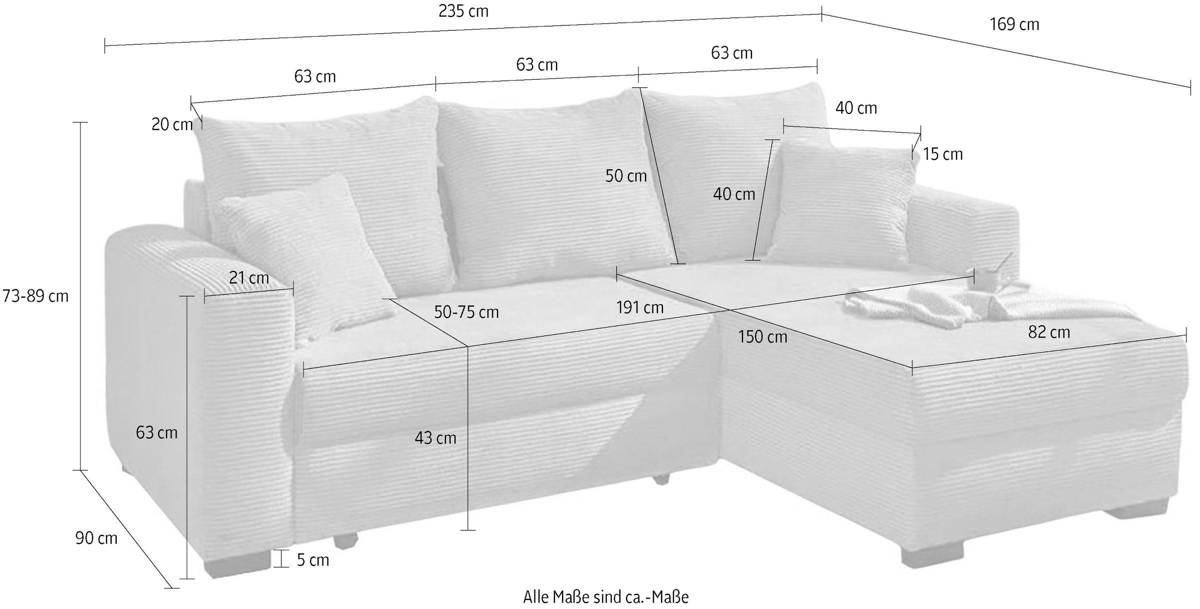 Jockenhöfer Gruppe Ecksofa »Ecksofa Elmau, Größe Ottomane: L, B:235cm, optional mit Topper« mit Schlaffunktion, Bettkasten & 2 Zierkissen