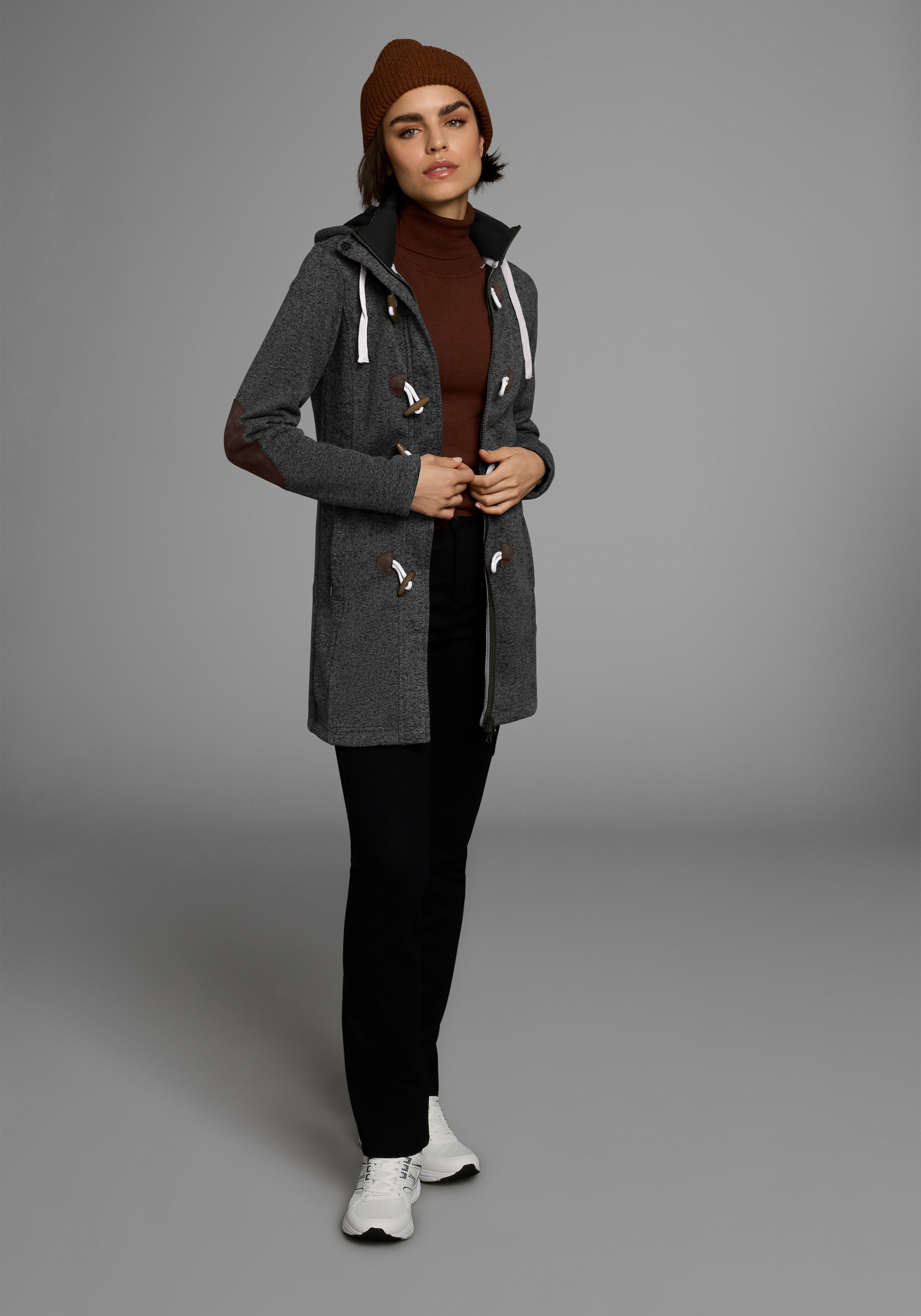 Polarino Strickfleecejacke mit Kapuze für den Übergang,  aus Strickfleece,  atmungsaktiv