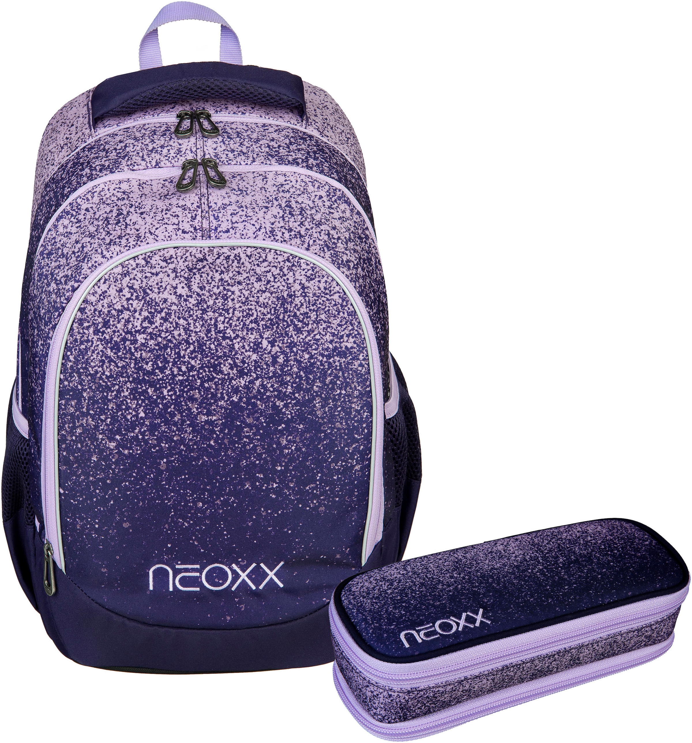 neoxx Schulrucksack »Fly Schulrucksack und Catch Schlamperbox, Glitterally perfect«, Reflektionsnaht, aus recycelten PET-Flaschen