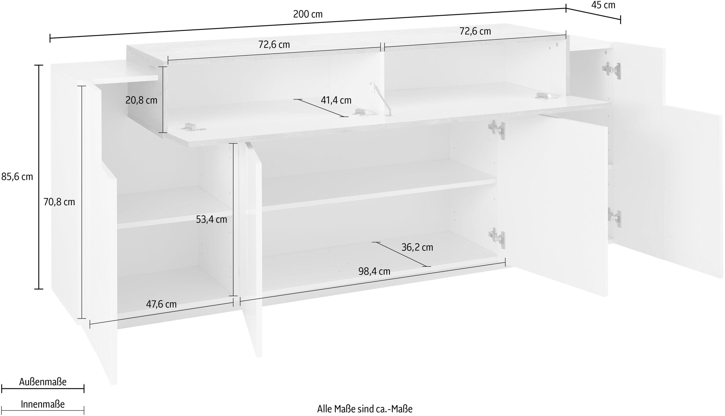 INOSIGN Sideboard »Coro, Kommode, Schrank, Kredenz, grifflos mit Einlegeböden«, 1 klappe,4 Türen, Doppeltiefe, B/T/H 200x45x85,6cm
