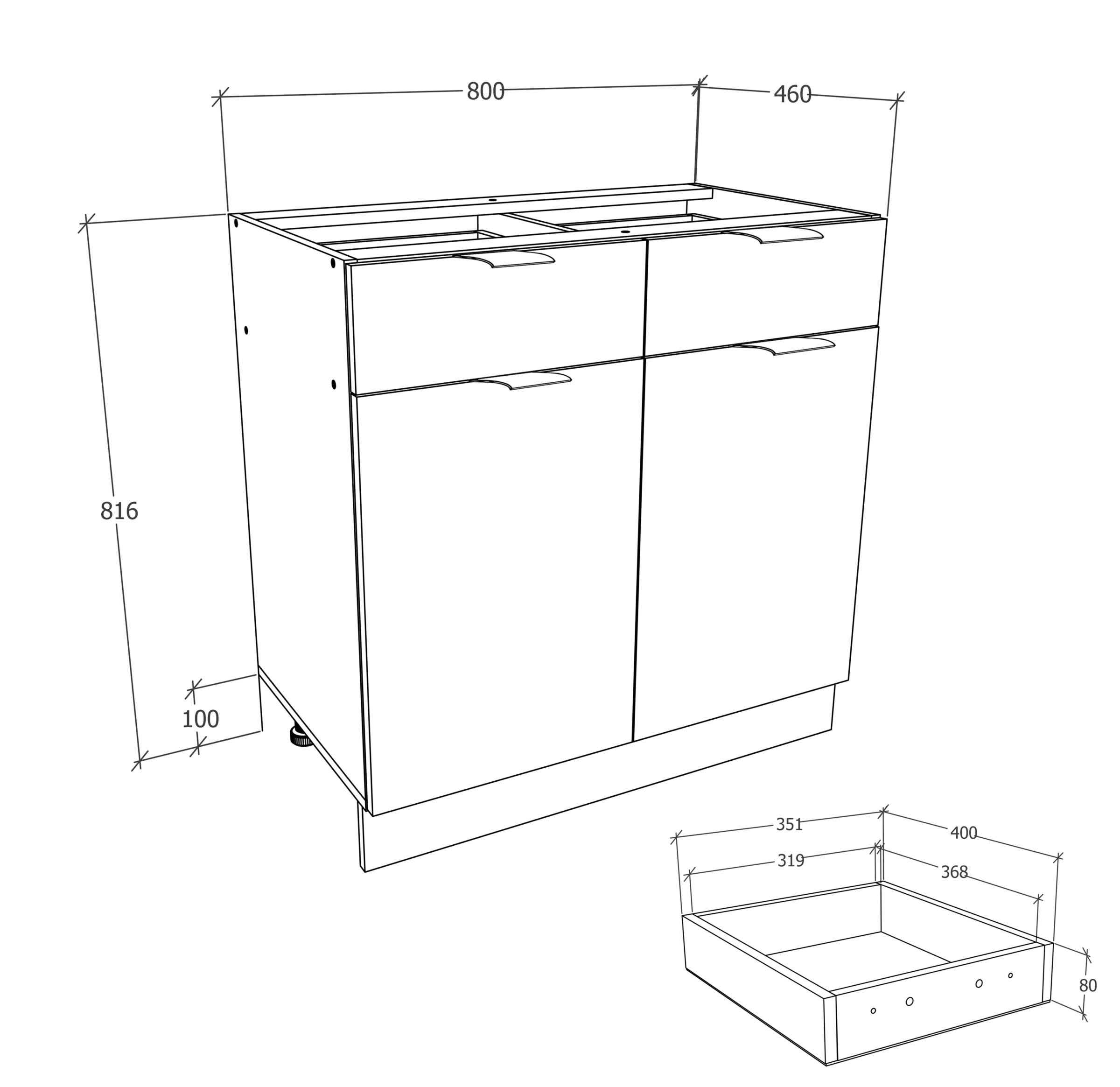 VCM Unterschrank »VCM Küchenschrank | Maße ca. H. 82 x B. 80 x. T. 46 cm | Unterschrank mit zwei Drehtüren und zwei Schubladen | Küchenmöbel ¿ Fasola«, (1 St.)