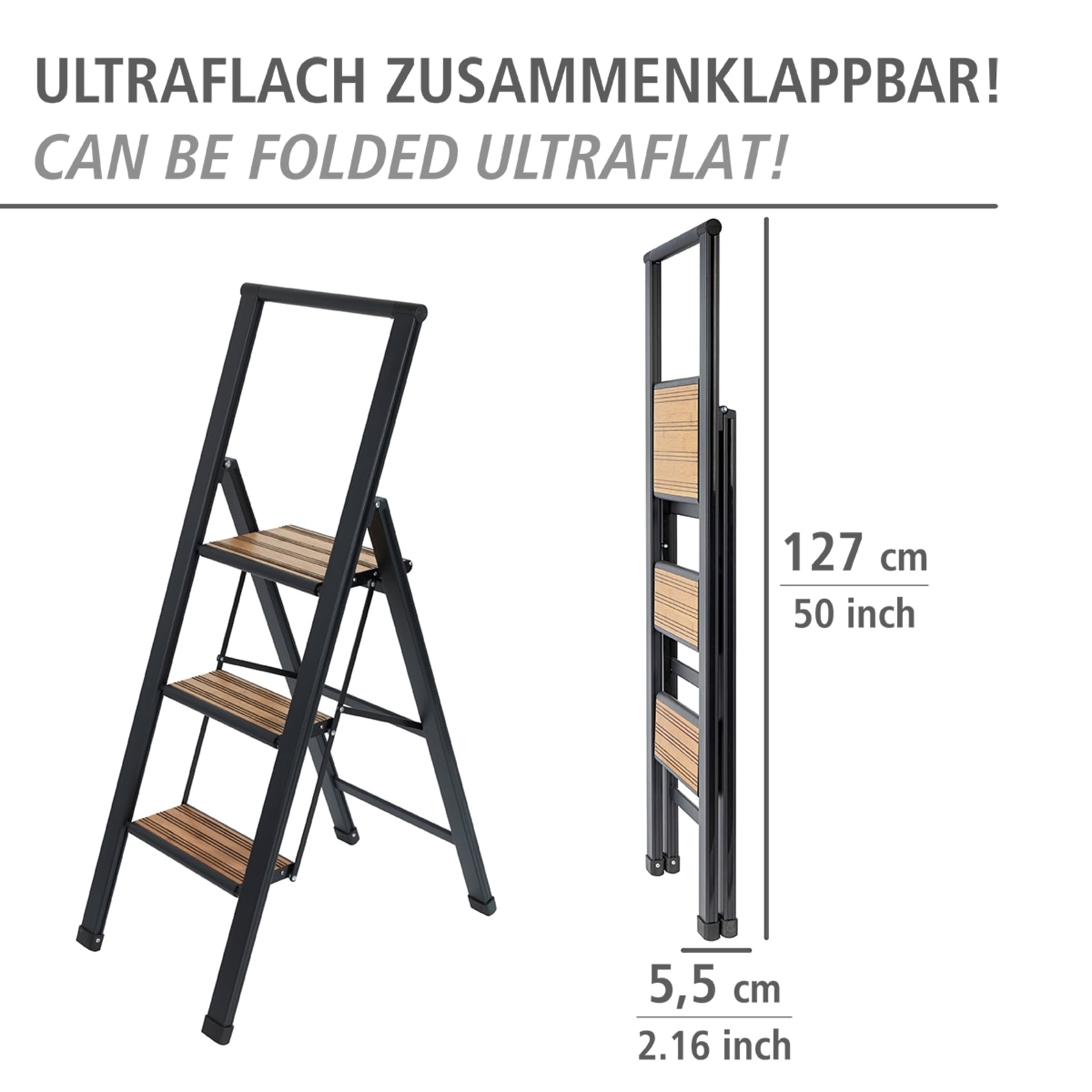 WENKO Trittleiter »Modell Alu-Design«, rutschsichere XXL-Stufen, robustes Aluminium in Kombination mit Bambus