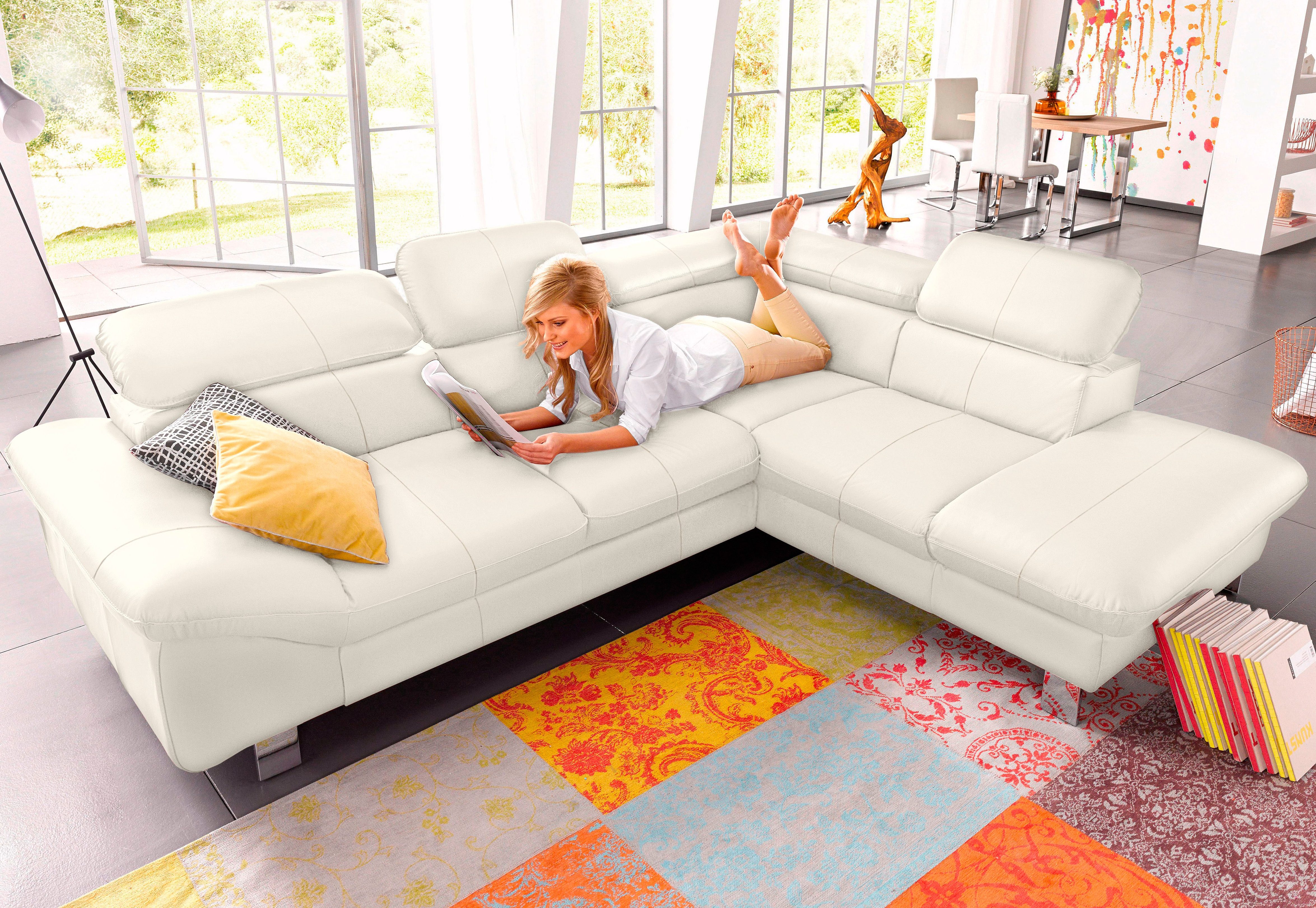 COTTA Ecksofa "Driver L-Form, B: 265 cm, moderne Couch mit Wellenunterfederung, Leder" inkl. 3x Kopfteilverstellung, optional mit Schlaffunktion + Stauraum