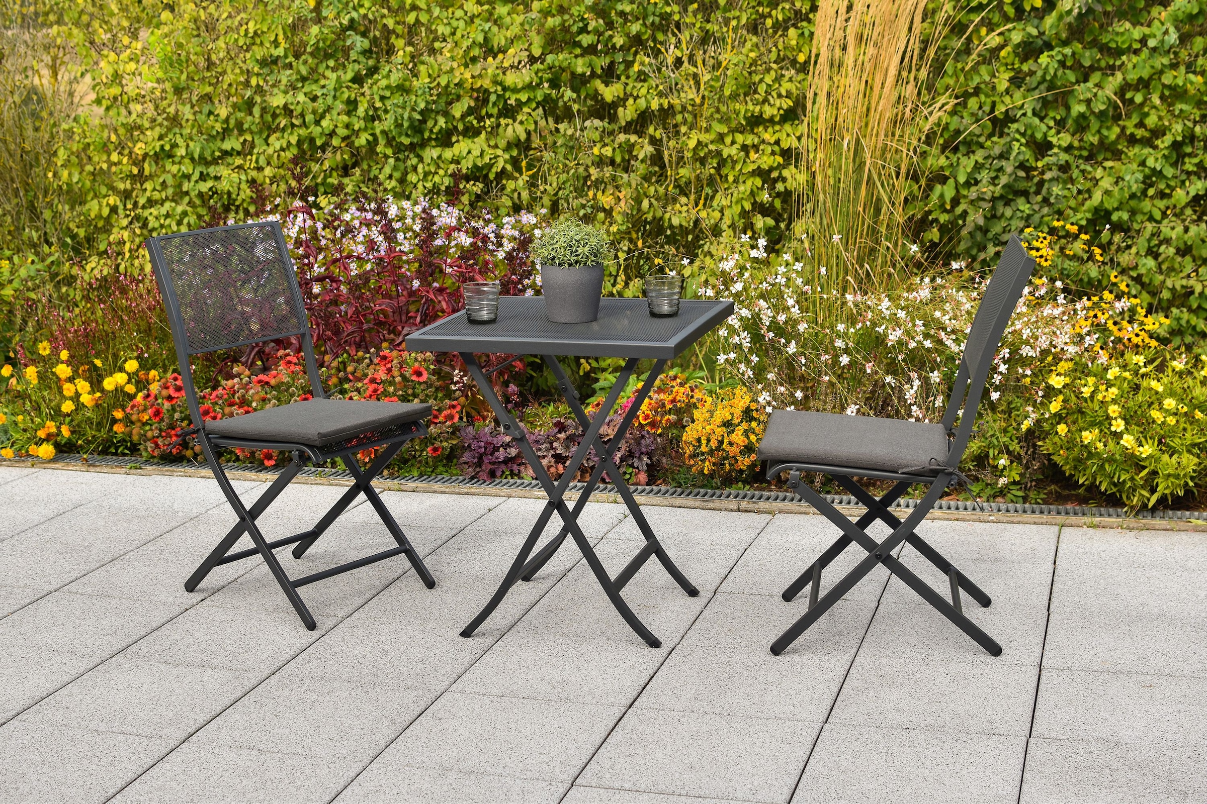 MERXX Garten-Essgruppe »»Samos««, (Set, 5 tlg., Inkl. Kissen, pulverbeschichtetes Stahlgestell), Tisch klappbar: LxB: 60x60 cm