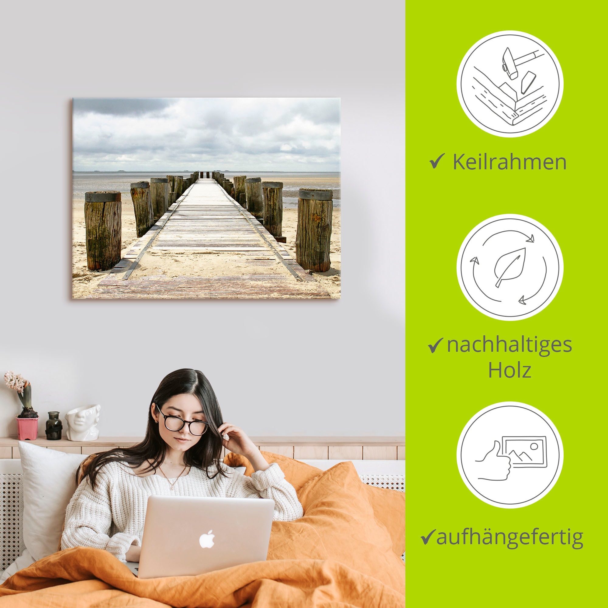 Artland Wandbild »Steg ins Watt«, Strand, (1 St.), als Alubild, Outdoorbild, Leinwandbild, Poster in verschied. Größen