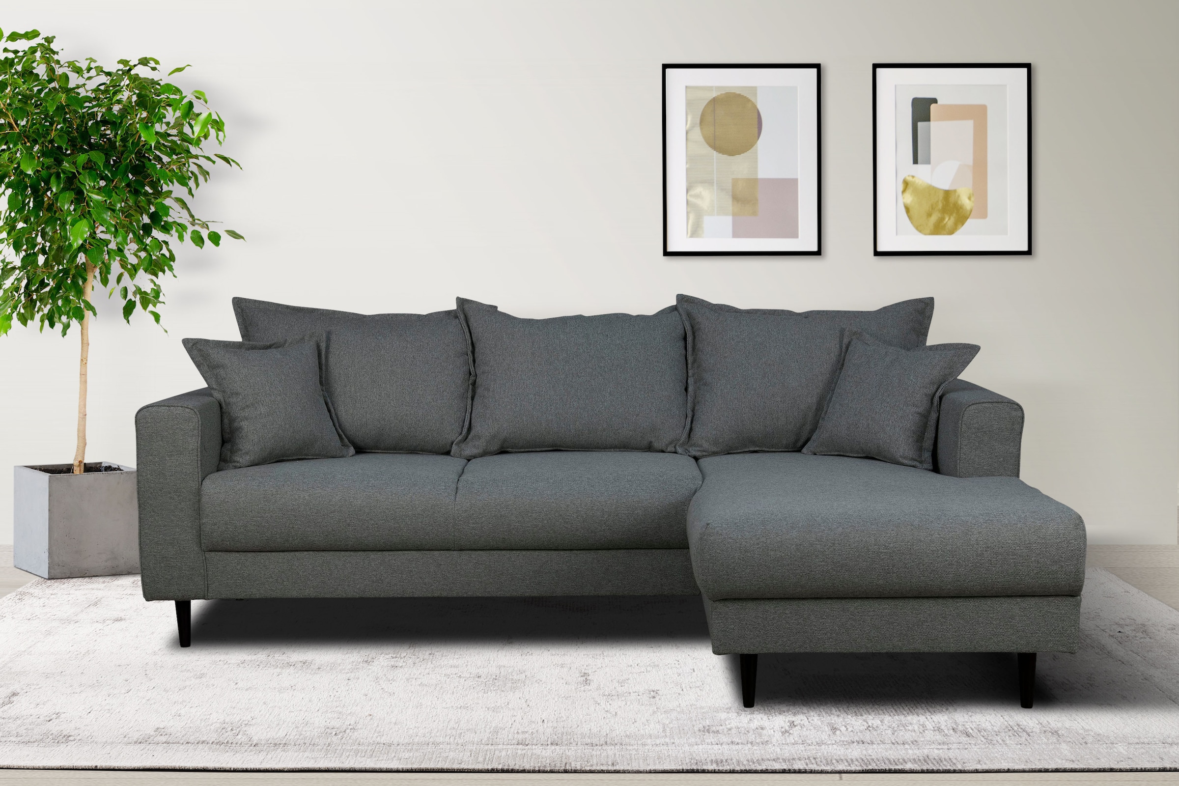 Home affaire Ecksofa "VEYRAS L-Form, hoher Sitzkomfort, Maße B/T/H: 230/150/76 cm" mit Wellenunterfederung, incl. Rückenkissen und Zierkissen