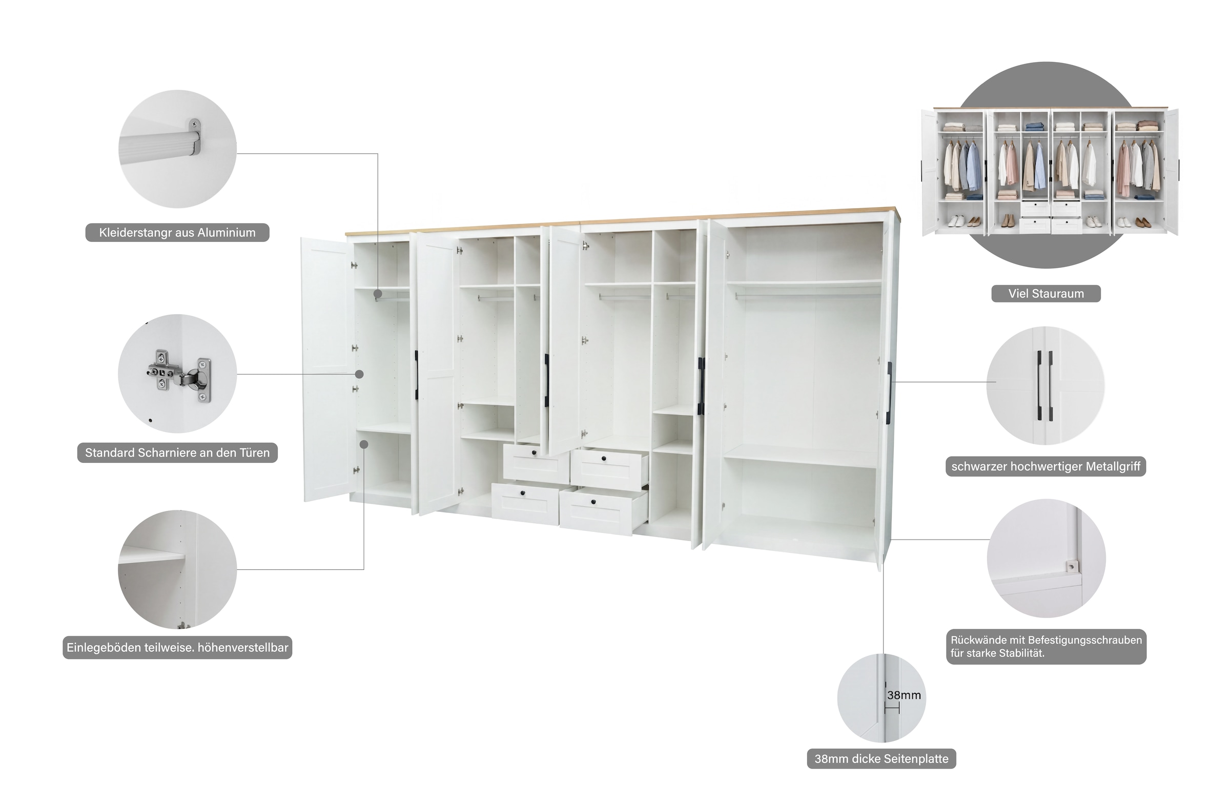 OTTO home Kleiderschrank »Büsum Schlafzimmer Schrank mit 8 Türen und Spiegel« Schlafzimmerschrank Landhaus Design Garderobe Schrank Bestseller